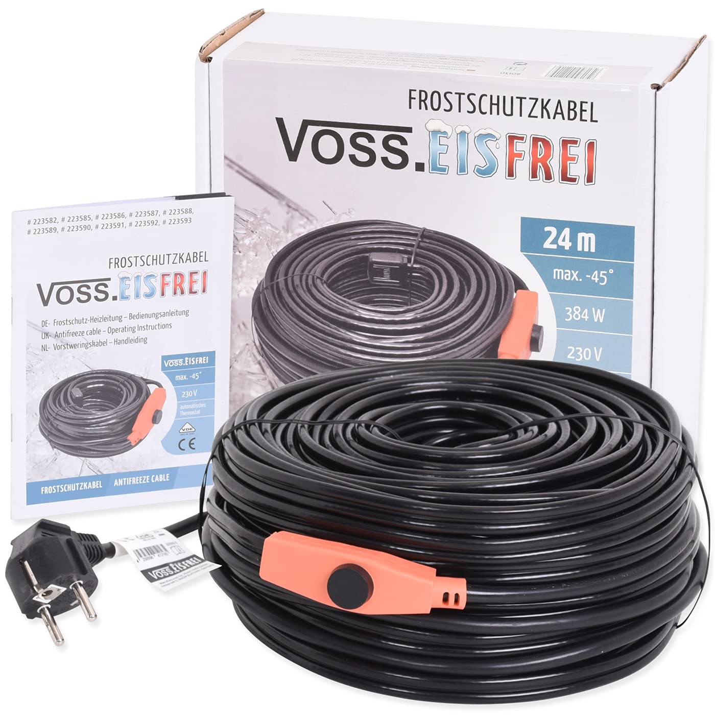 24m frost protection heating cable with button thermostat VOSS.eisfrei, 230V, heating cable for protection of water pipes and troughs.