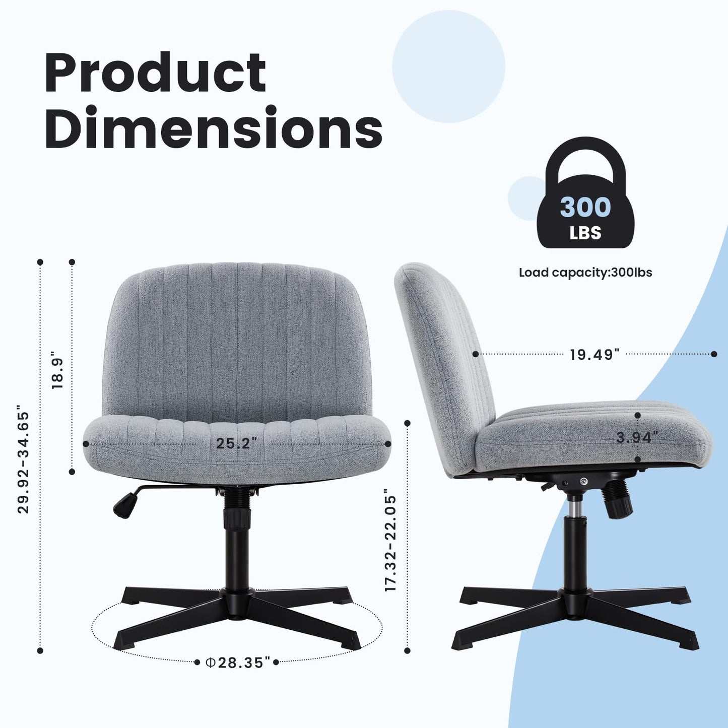 IWMH office chair without armrests, wide and thick swivel chair with wheels, height adjustable desk chair with corduroy, ergonomic chair, reading chair for sitting cross-legged (Gray)