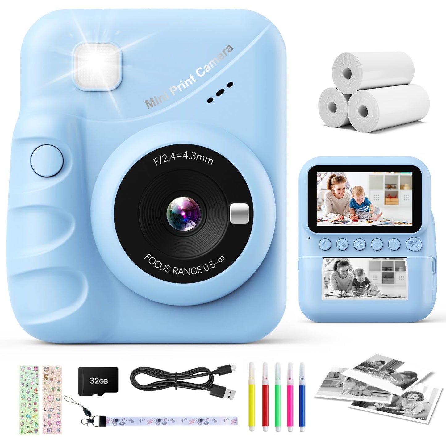 CalineGam instant camera for kids, 3.0 inch screen 48MP kids camera with 32GB card, 1080P HD kids instant print camera, gift for 3-12 boys and girls (blue)