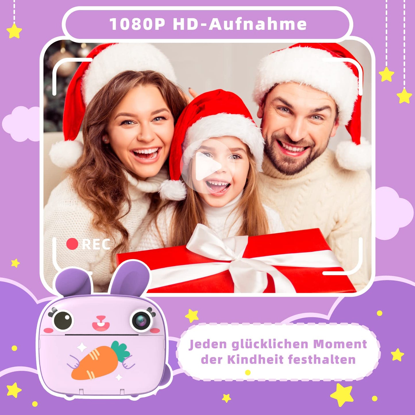Children's camera instant camera, CAMCLID camera for children with 3 rolls of thermal paper & 32GB card, digital camera & video camera with 2.4" screen, instant camera gift for girls boys (purple)