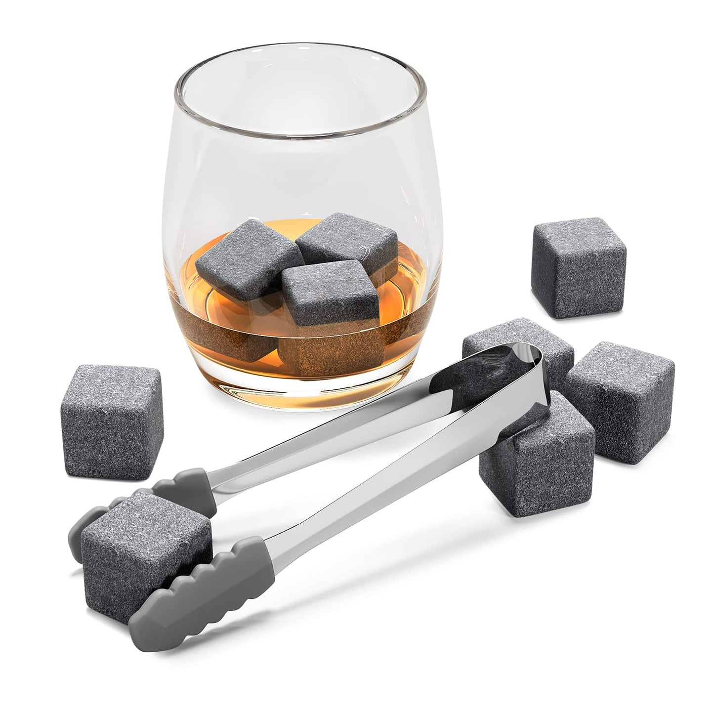 Whiskey Stones Set - 12 Reusable Basalt Ice Cubes, Tongs + Cloth Bag, Whiskey Ice Cubes Cooling Stones Bar Accessories Cocktail Rocks Gin Stones Decorative Accessories Gift Whisky Stones