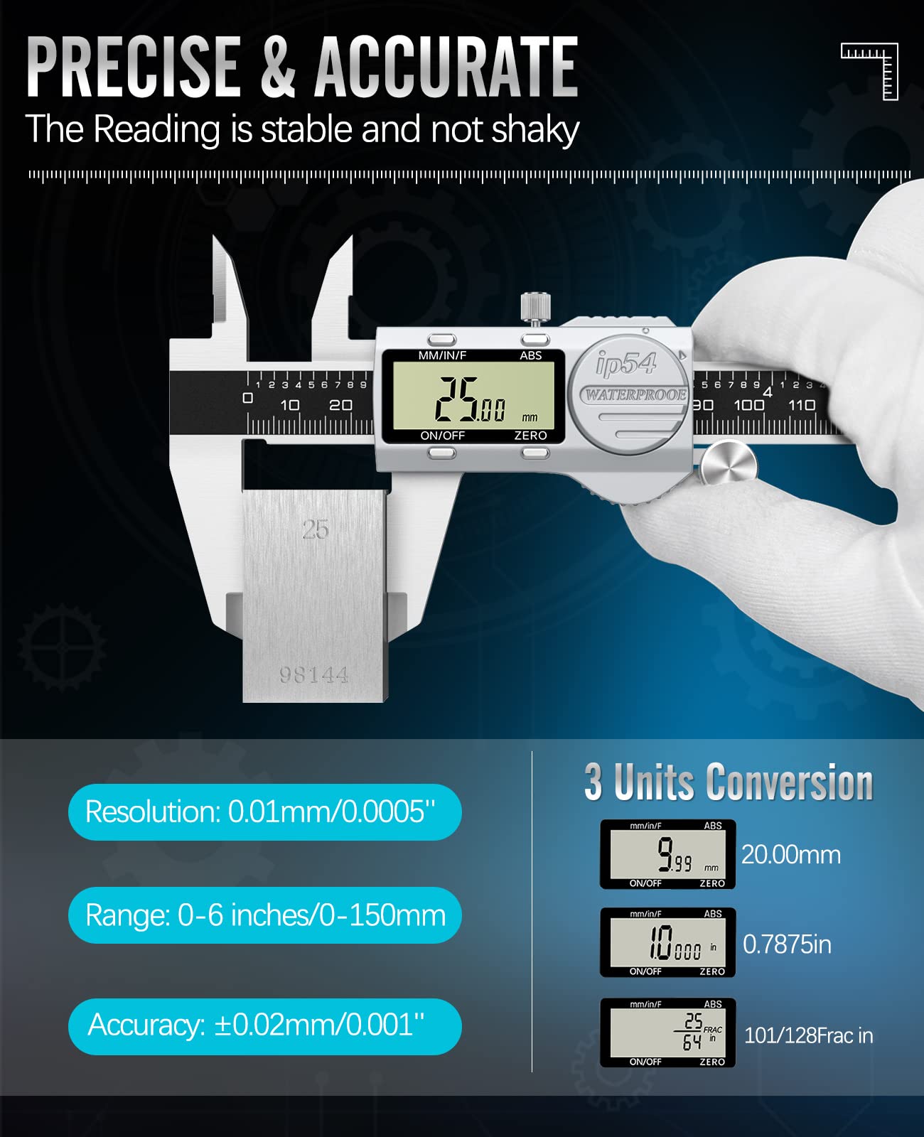Housolution Digital Caliper, Electronic Vernier Caliper with ABS Function, 6-Inch IP54 Waterproof Slide Caliper with LCD Display & Spare Battery, with Feeler Gauge for Accurate Measurement, Silver+Black