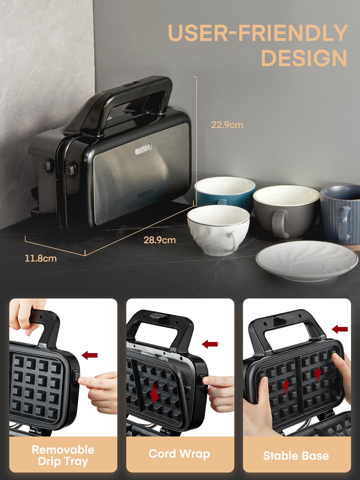 1200W 3 IN 1 Sandwich Maker, 5-level temperature control waffle maker sandwich toaster contact grill with non-stick coating for easy cleaning without burnt-on food, LED lights, stainless steel/black