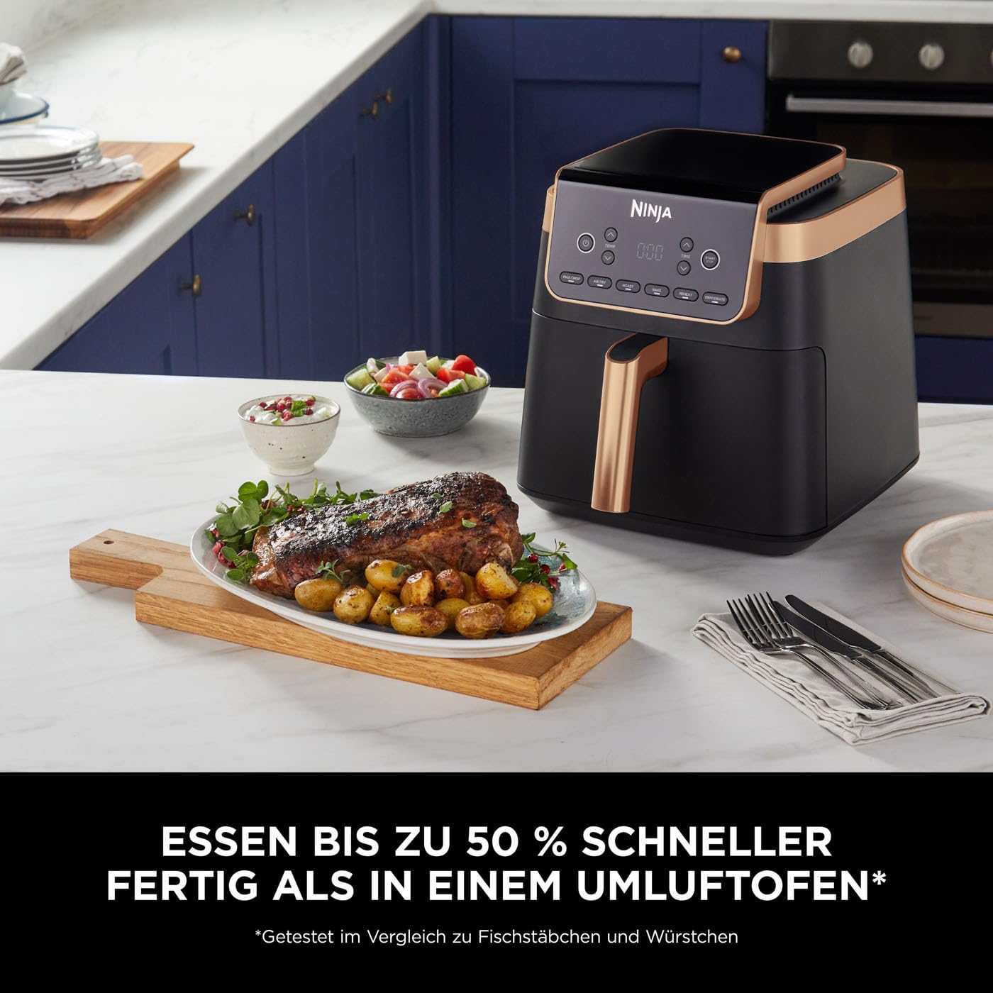Ninja Max Pro Hot Air Fryer, 6.2L, oil-free, large drawer, roast, bake, air fry, non-stick coated, dishwasher-safe basket & crisper grid insert, silicone tongs, black/copper, AF180EUCP