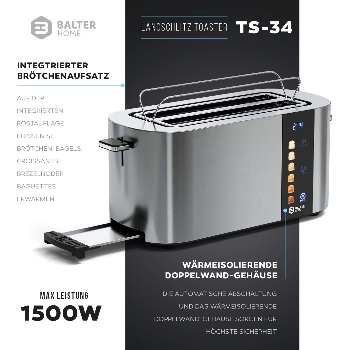 Balter 4-Slice Toaster, Touch Control, Long Slot, Stainless Steel, Bun Warmer, LCD Display, Defrost Function, Bread Centering, TS-34
