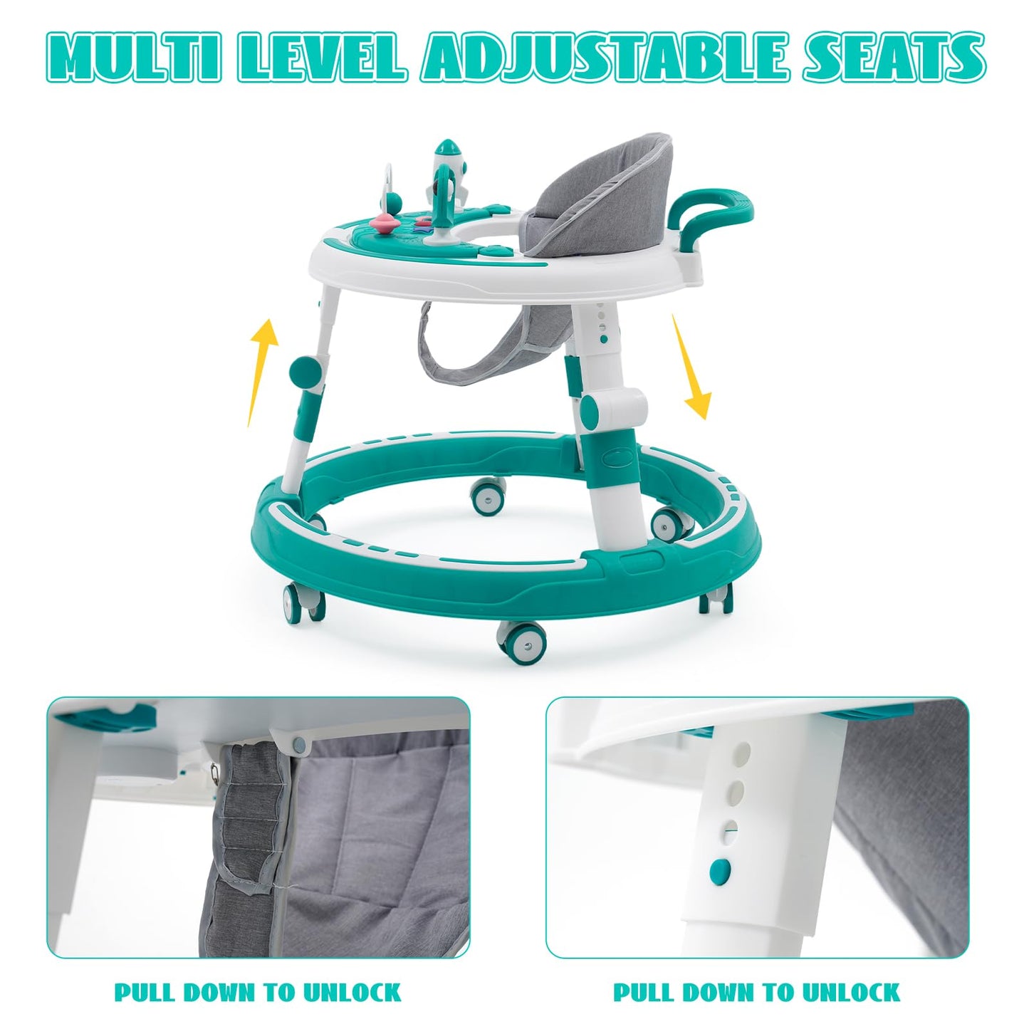 3 in 1 baby walker, height adjustable & foldable, with over-rolling walking wheels, stable tray, and toy center. Suitable for babies from 6 months old. (Blue)