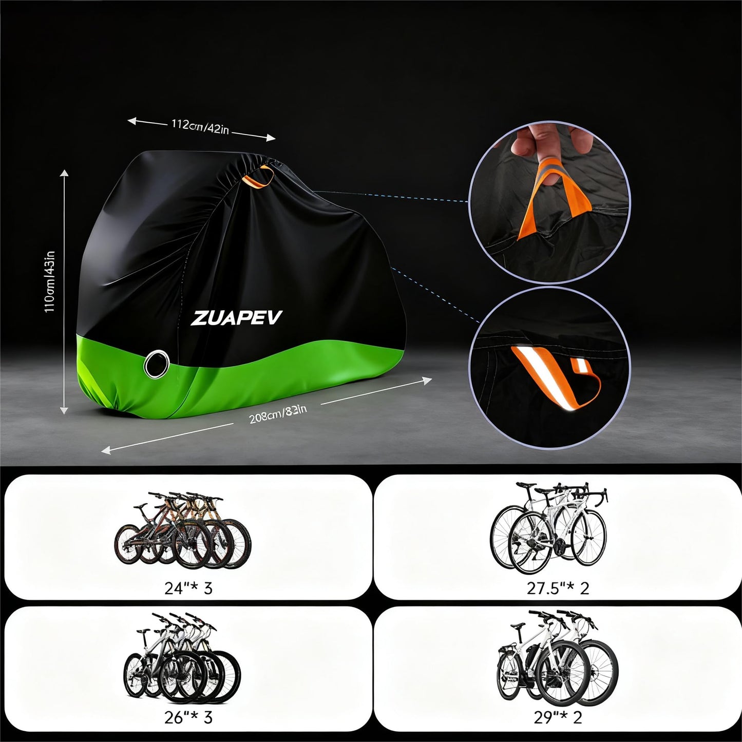 ZUAPEV Bike Cover for 2-3 bikes Waterproof, Bicycle Garage Weatherproof Bicycle Tarpaulin Polyester 210D Bike Tarp Rain Protection, Bike Garage Outdoor Cover Protective cover 208x112x110 cm