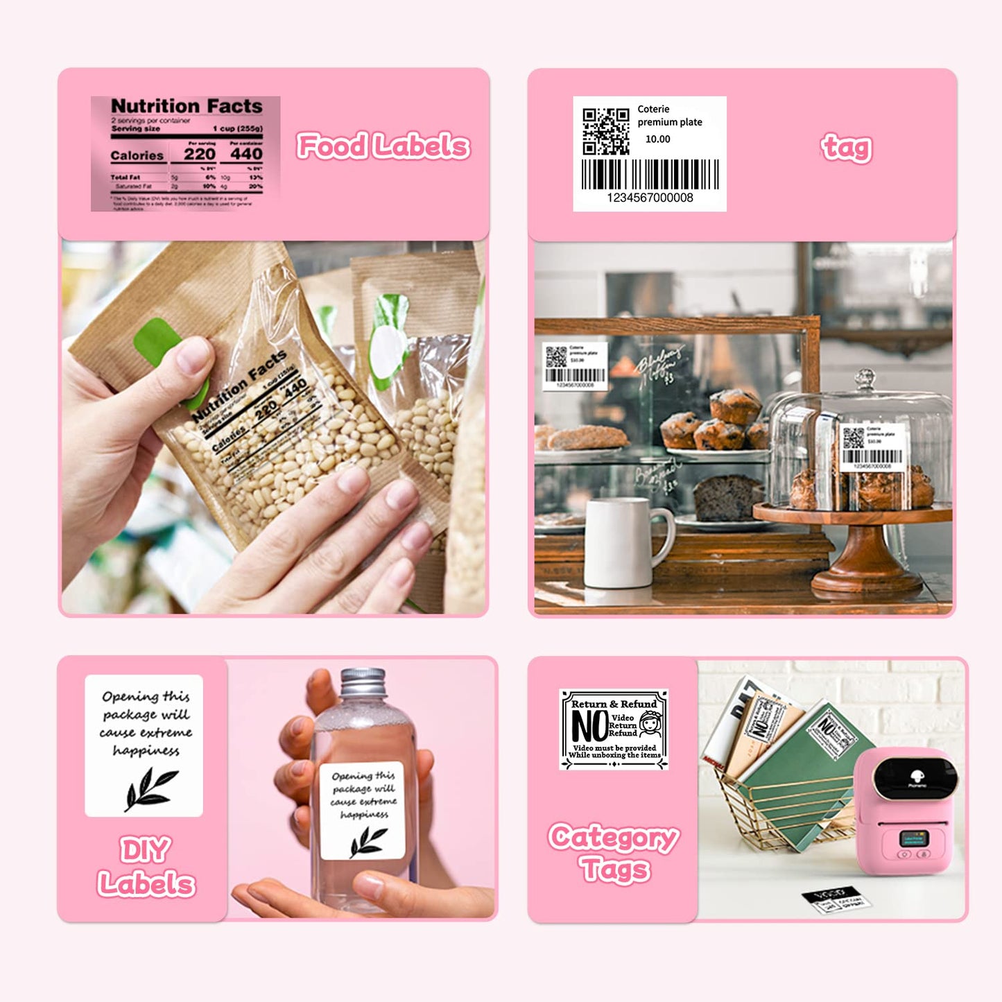Phomemo M110 Portable Label Printer Labeling Machine Self-Adhesive, Label Printer Bluetooth Thermal Label Printer Label Maker, for Barcode, Retail, Photo, Clothing, for Android & iOS - Pink