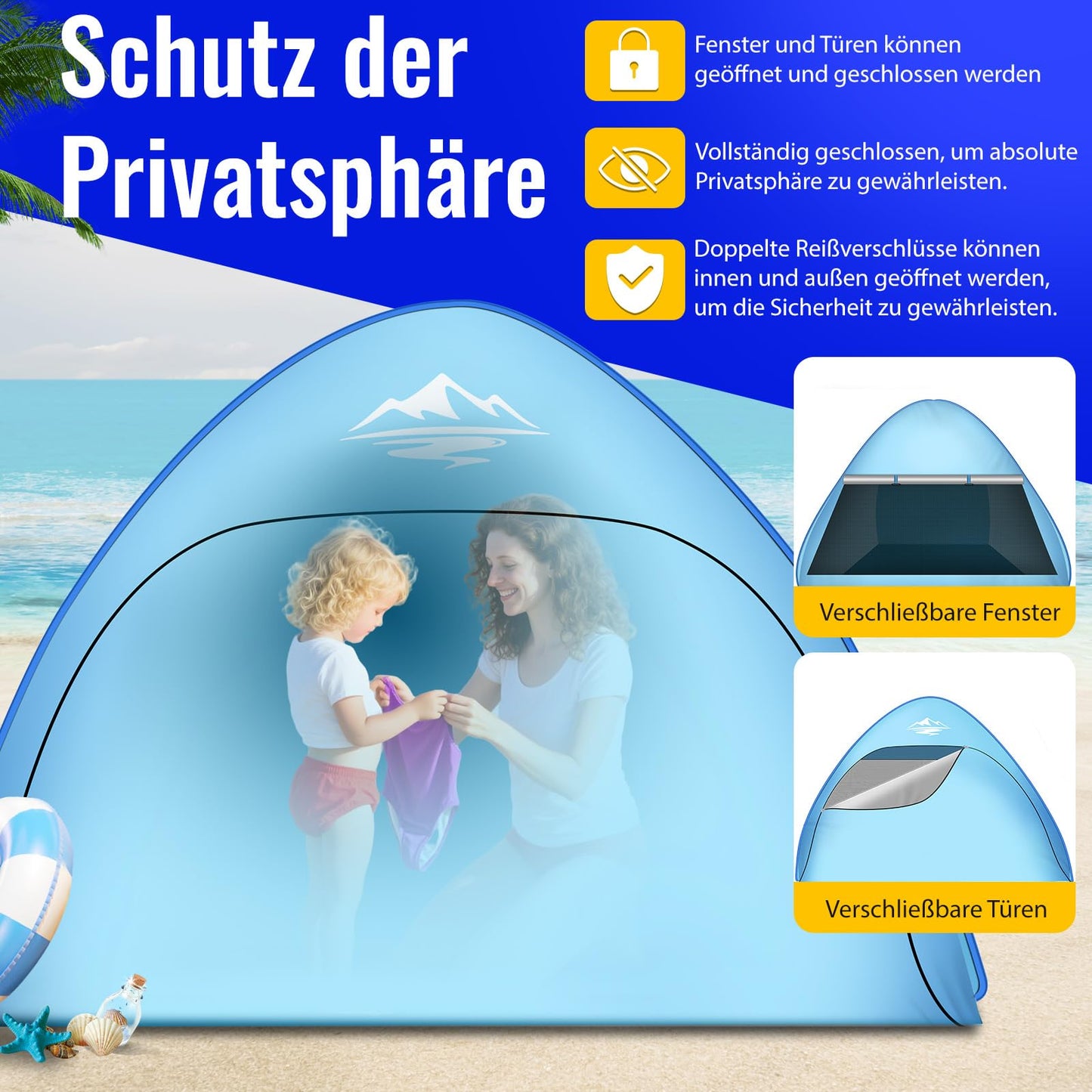 Purebox Beach Shelter Pop Up 3-4 Person Models, Pop Up Beach Shelter with UV Protection, UPF 50+ Beach Tent, Automatic Portable Beach Tent Pop Up Tent for Family Camping Garden Beach 240x200x135cm