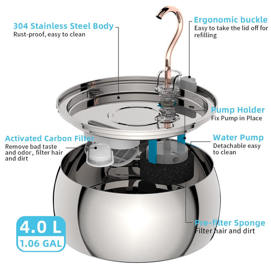 TOMXCUTE Cat Fountain 4L, stainless steel cat drinking fountain with swan-neck design, dishwasher safe, ultra-quiet cat water fountain with 3 charcoal filters, for families with multiple pets
