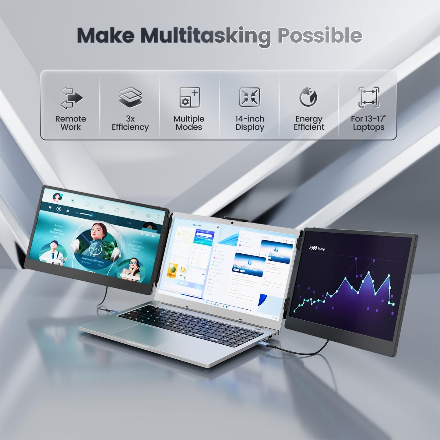 Teamgee Laptop Screen Extension, 14" 1080P FHD Portable Monitor for Laptop, Triple Laptop Screen Extender for Mac Wins Android Dex PC with 13"-17" Screens.