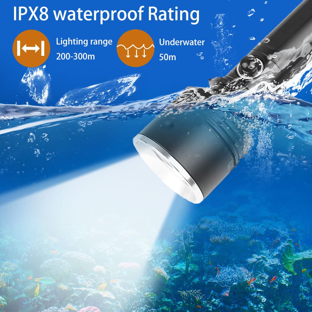 LED flashlight, 3000 lumens diving light up to 150m depth, IPX8 waterproof, battery-powered and rechargeable underwater light with 1 * 26650 battery for diving, camping, outdoor, hiking.