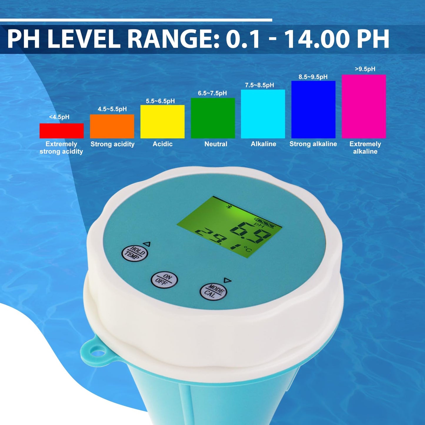 6-in-1 Water Tester with Bluetooth & Data Storage Swimming Pool Water Quality Meter for Chlorine, pH, EC (Conductivity), ORP, Salinity & Temperature, including Smart App for Pool, Hydroponics & Aquariums.