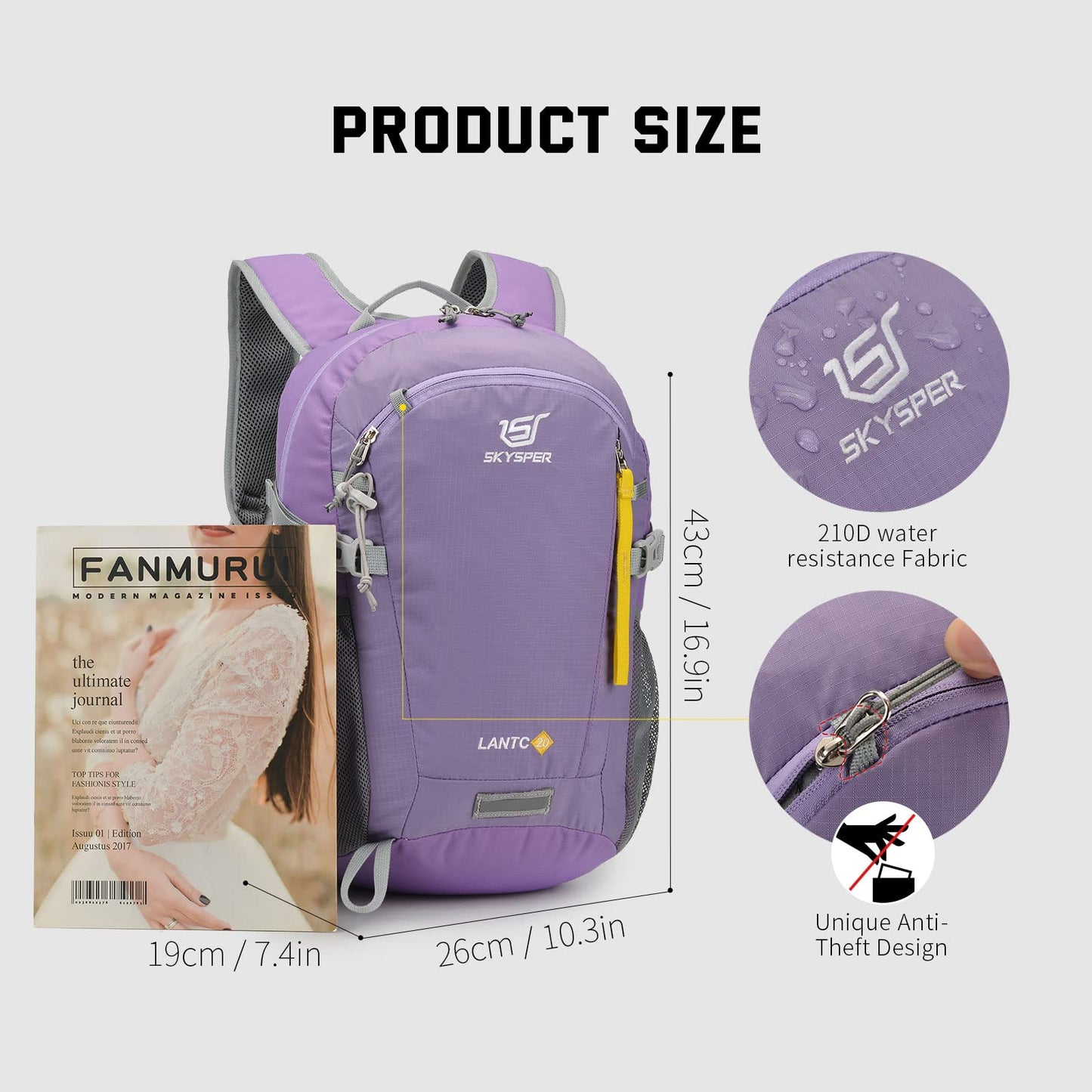 SKYSPER lightweight hiking backpack with back ventilation, made of breathable 3D Air Mesh polyester. Perfect for camping, outdoor activities, and hiking.