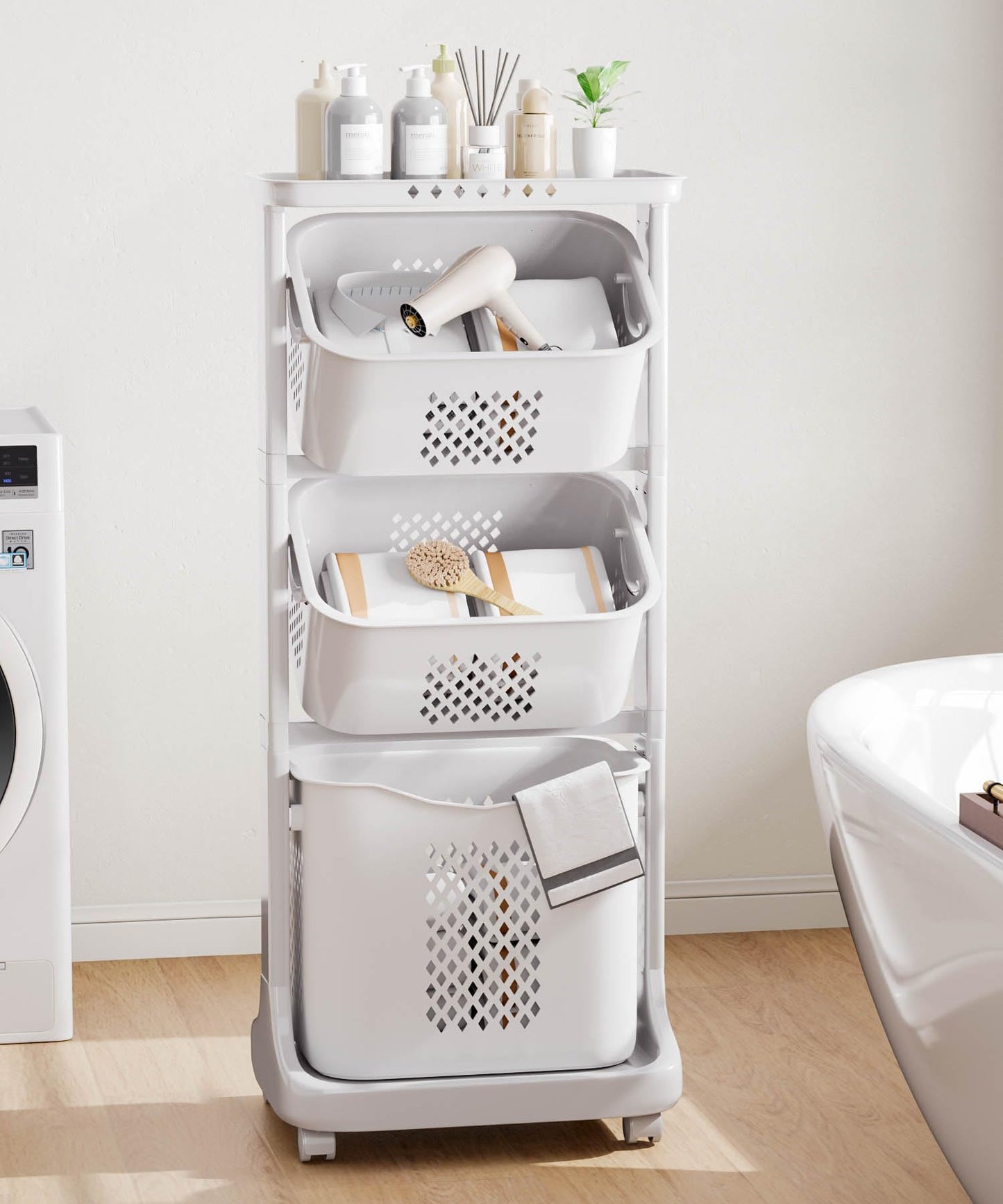 Yorbay laundry basket with wheels, laundry sorter with compartments, storage baskets, laundry collector, laundry trolley, laundry container for clothes and toys.