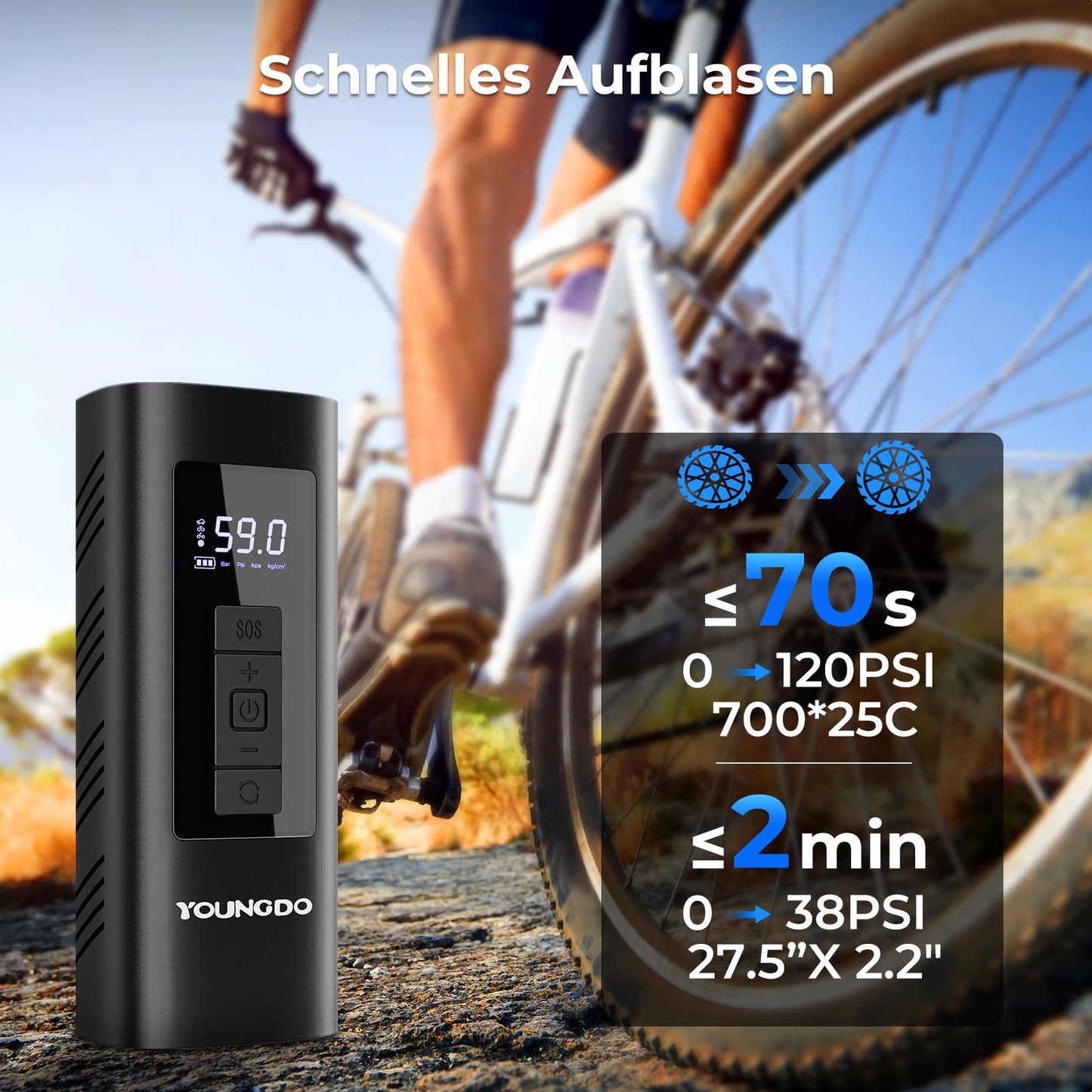Electric air pump, YOUNGDO bicycle pump, bicycle pump 150PSI, battery compressor 6000mAh, pump for all valves for bike, motorcycle, car.