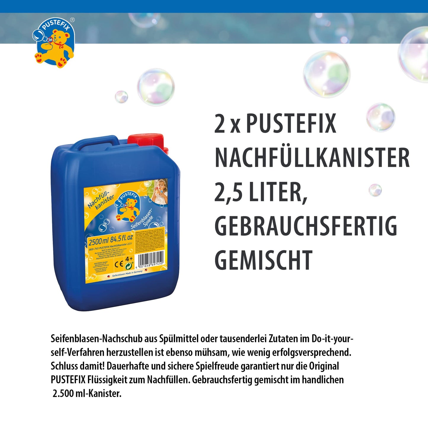 PUSTEFIX Refill Canister I 2 x 2.5 l Bubble Solution I Colorful Bubbles Made in Germany I Bubbles for Wedding, Kids' Birthday Parties, Summer Festivals I Colorful Bubbles for Children & Adults