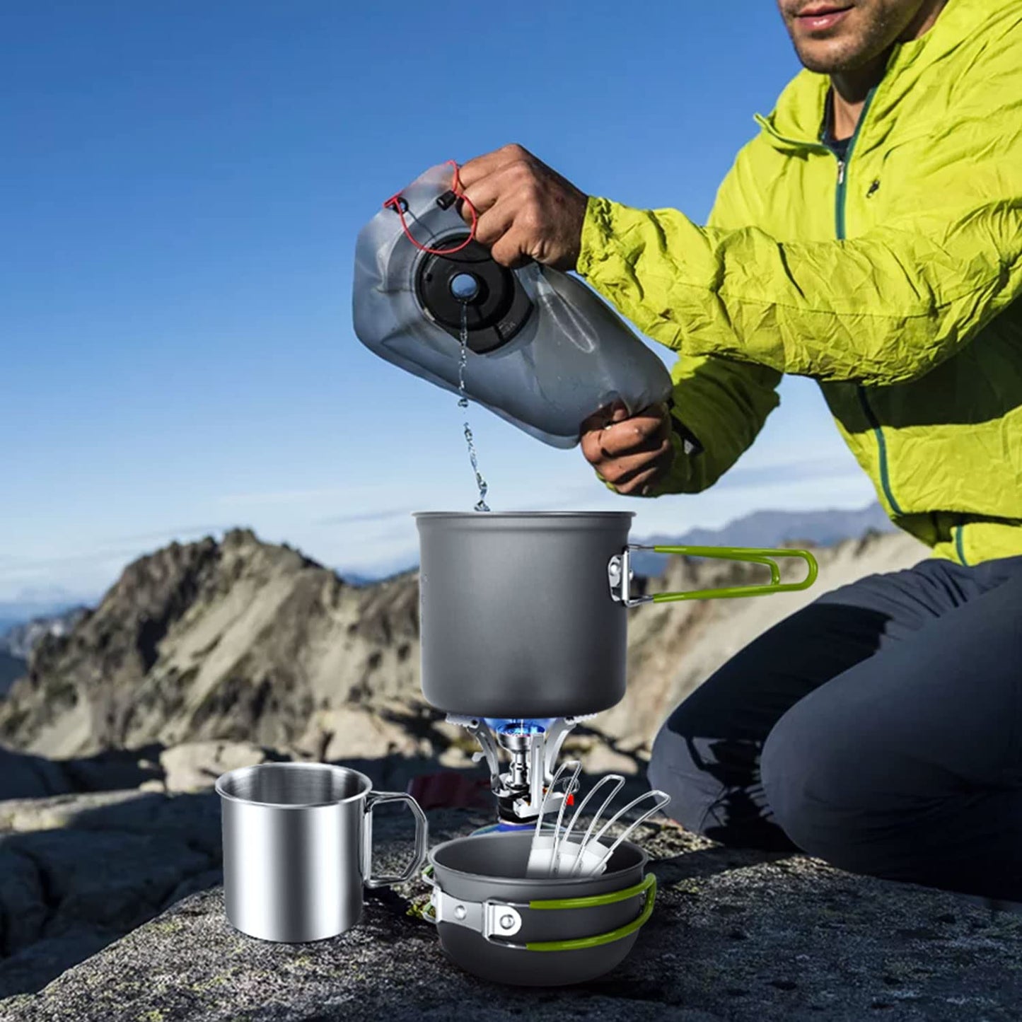Odoland camping cookware set, pots and pans with compatible mini stove, cup, fork, knife, spoon, stainless steel, for outdoor, picnic, camping.