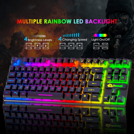 Gaming keyboard and mouse, 88-key USB keyboard with rainbow backlit + programmable ultralight gaming mouse with 6400 DPI for computer PC PS4 PS5 laptop Mac (black)