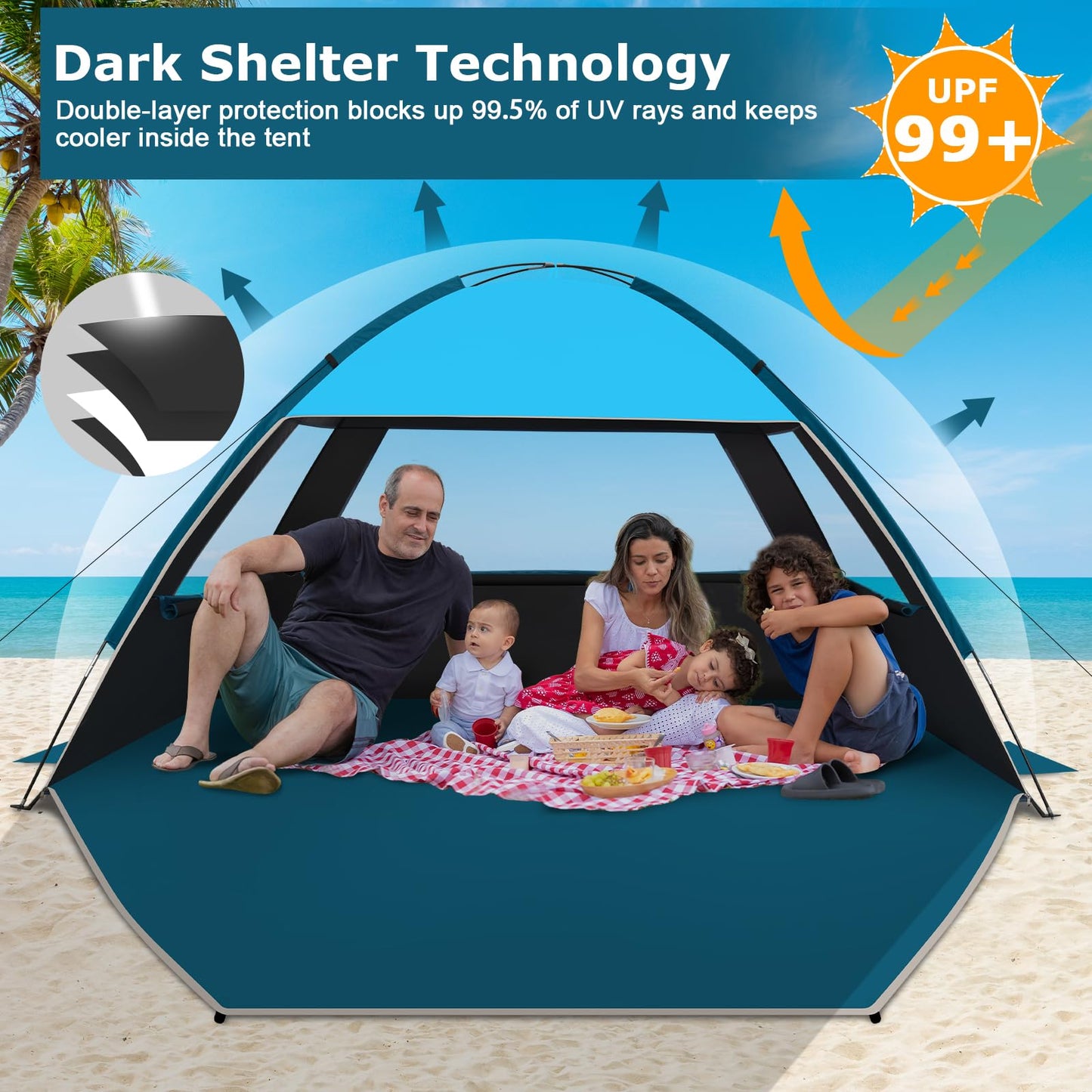 COMMOUDS beach tent for 4-6 people, UPF 50+ beach sun shelter with dark canopy, beach umbrella Lightweight, Easy to Set Up And Carry Beach tent