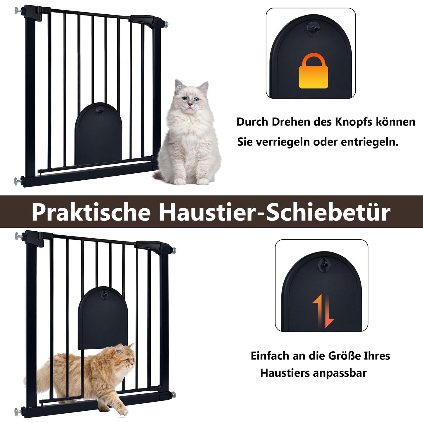 YRHome door guard without drilling stair gate stair guard for children baby gate with sliding door for dogs & cats Auto-Close 180° Two-way opening baby safety gate, 95-105 cm, Black