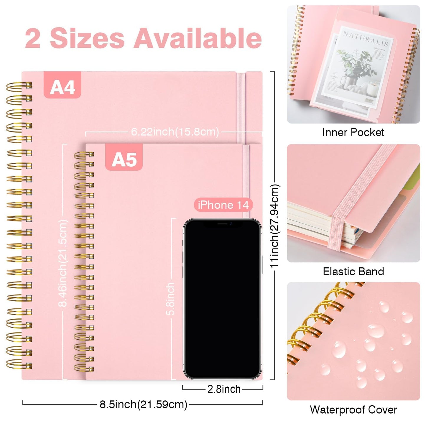 Notepad, A4 lined notebook, notebooks with 5 compartments and removable dividers, 300 sheets 100GSM spiral notebook softcover for writing, for work and school supplies, 21.5 x 27.9cm, pink.