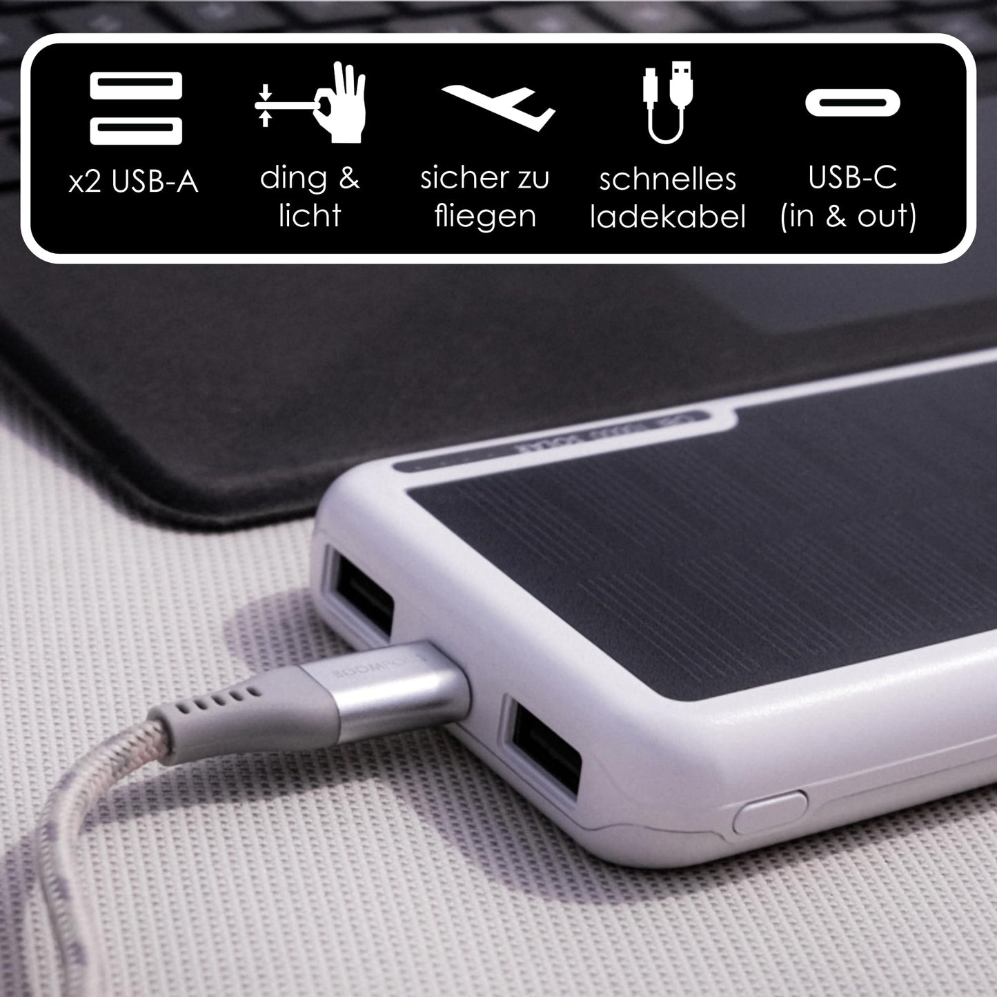 Boompods Obi Solar 10000mAh Solar Powerbank - Fast-charging charger with USB-C & 2X USB ports, Outdoor Power Bank with solar panel, Durable charging station for mobile phones, tablets and travelling, White