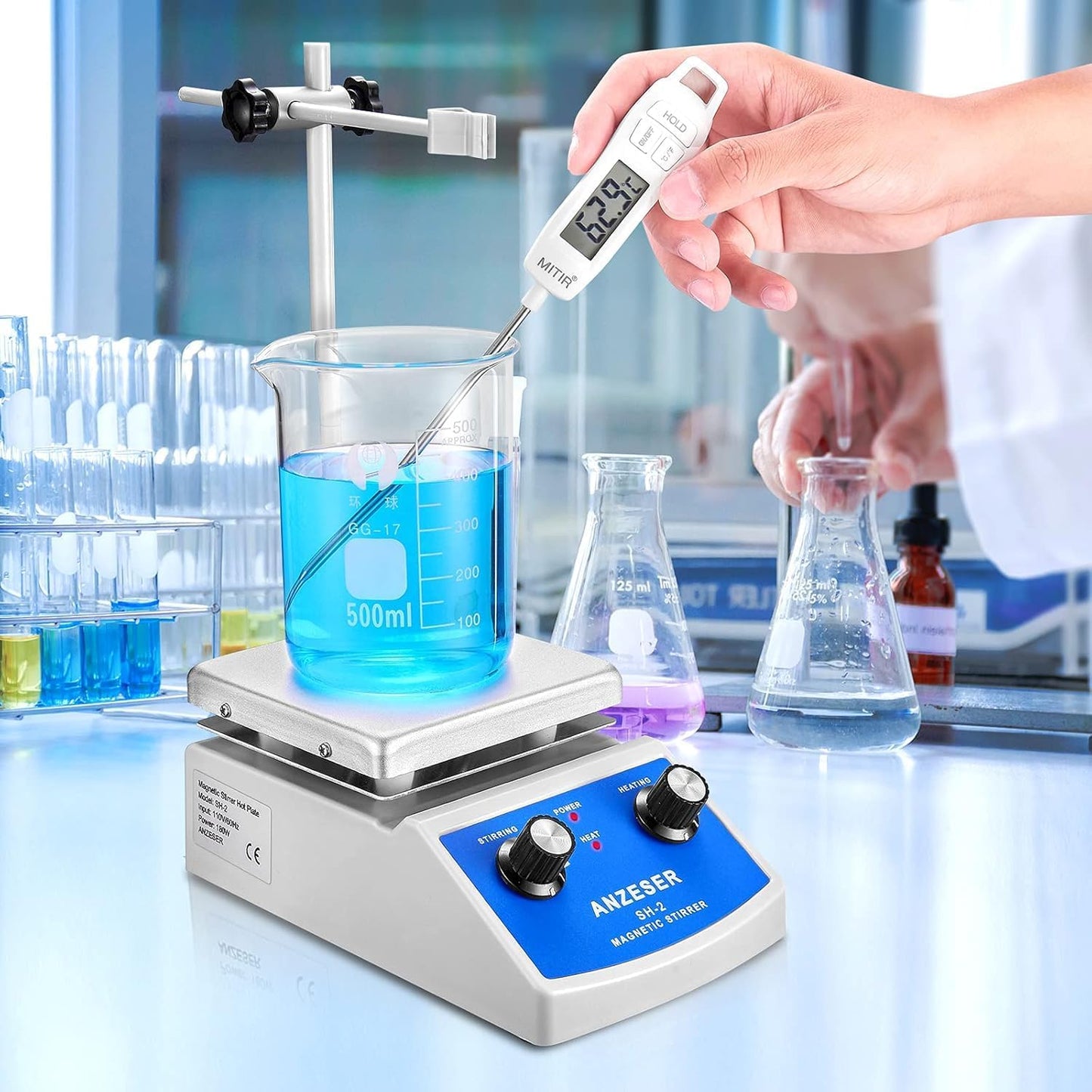 ANZESER Magnetic Stirrer Heating Plate 120x120mm 380°C for simultaneous mixing, stirring, and heating with EU plug, PTFE (Polytetrafluoroethylene), Aluminum