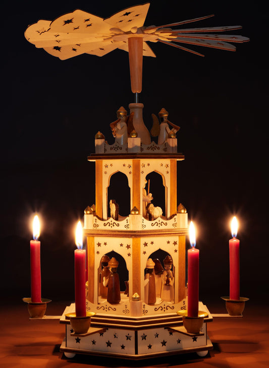 BRUBAKER Christmas Pyramid - 3-tier rotating wooden pyramid - Christmas decoration with 3 levels and wooden star wings - 45 cm height - hand-painted figures Christmas - Natural Brown