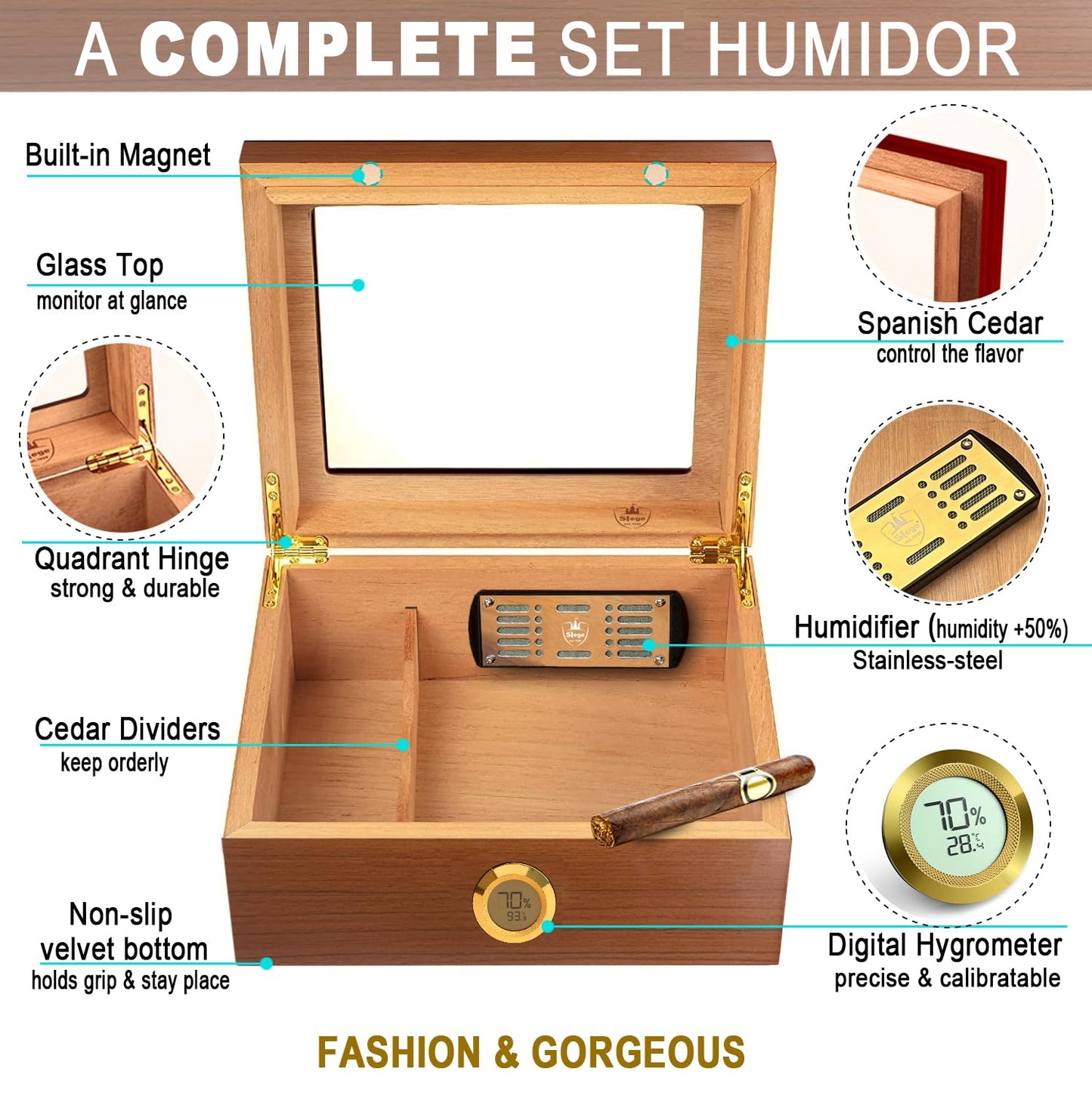Slege Cigars Humidor, Humidor Cigars Spanish Cedar, with Digital Hygrometer, INOX Cigars Humidifier, Divider, Cuban Cigars Accessories, Gift for Men, German Manual (Brown)