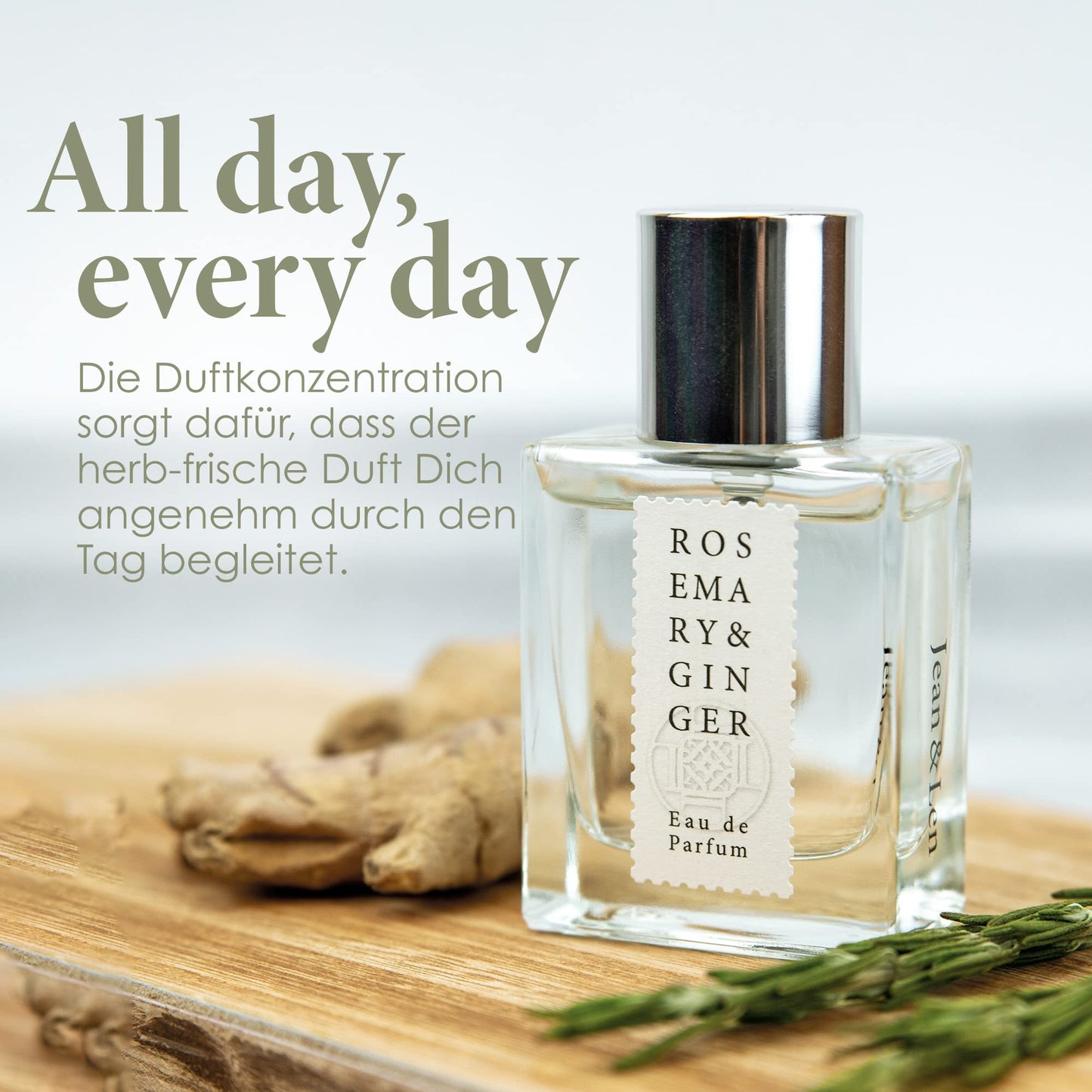 Jean & Len Rosemary & Ginger Eau de Parfum, spicy-fresh scent of rosemary & ginger, handmade in small batches, minimalist glass bottle, unisex fragrance, 50 ml.