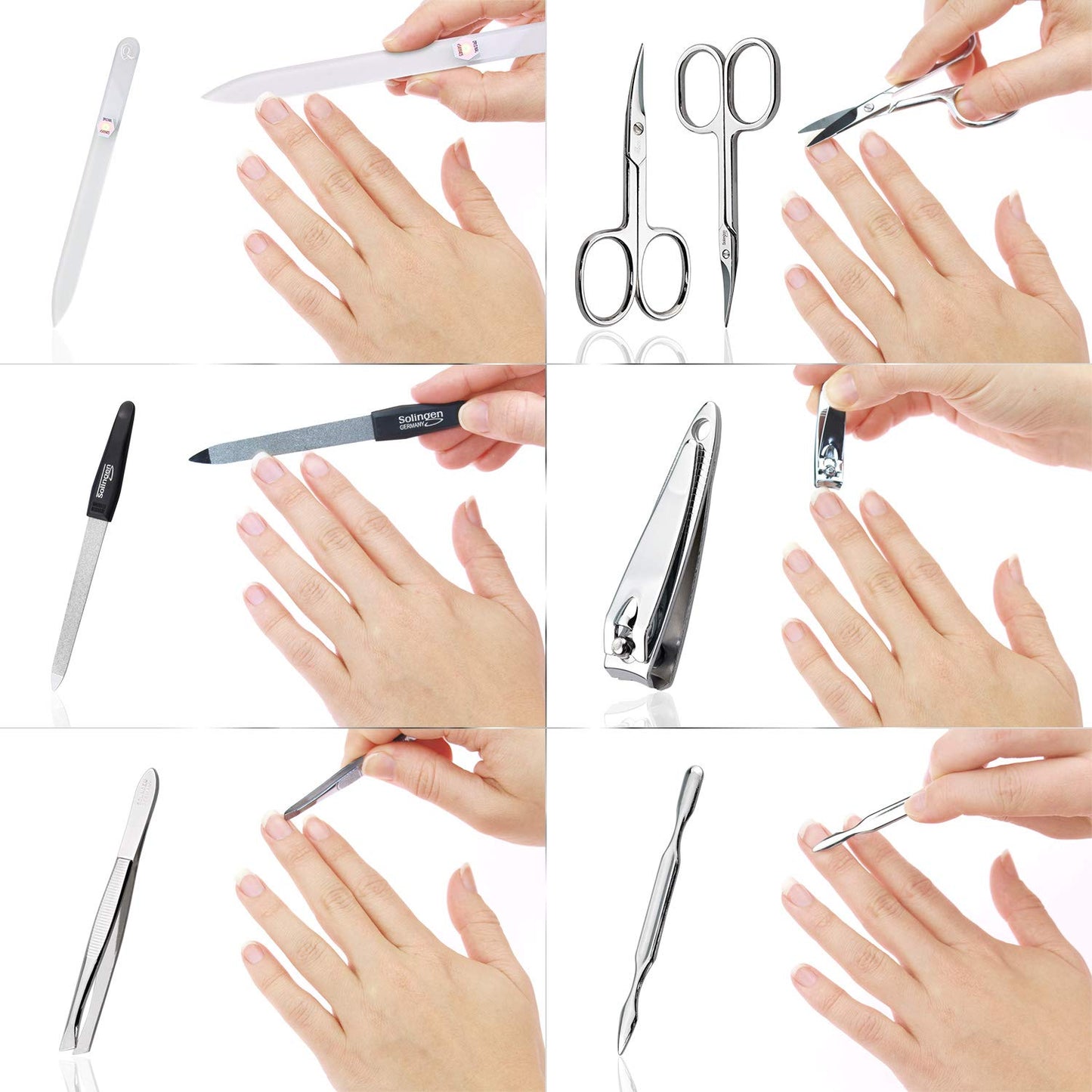 MarQus Solingen Manicure Set with Nail Clippers and Glass Nail File 8 pieces - Nail set in high-quality leather case - Complete kit for women and men, Black