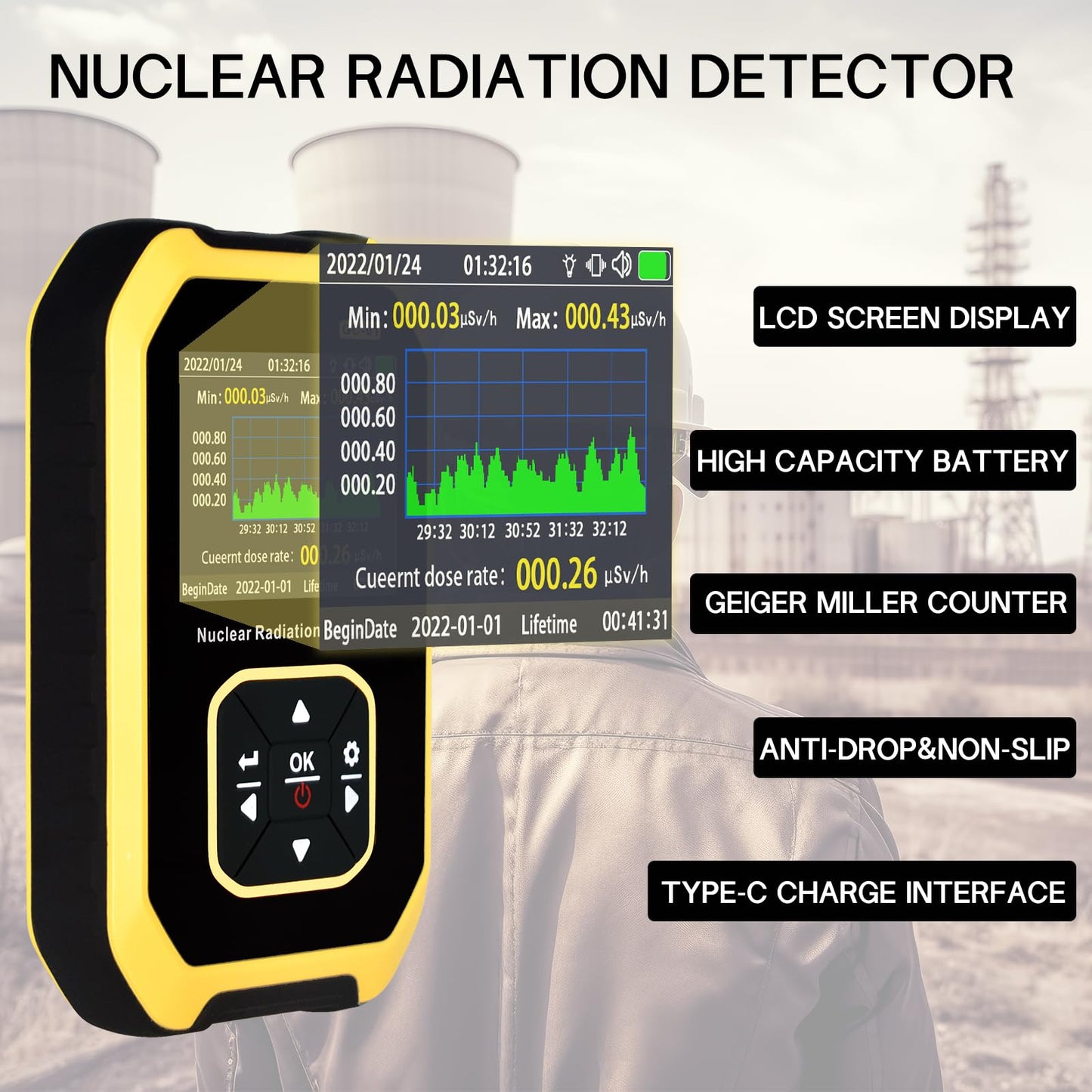 SURLABA Nuclear Radiation Detector, Geiger Counter Dosimeter Measurement of Beta Gamma X-rays, Radioactivity Radiation Meter Portable Real-time Monitoring Device with Sound Light Vibration Alarm