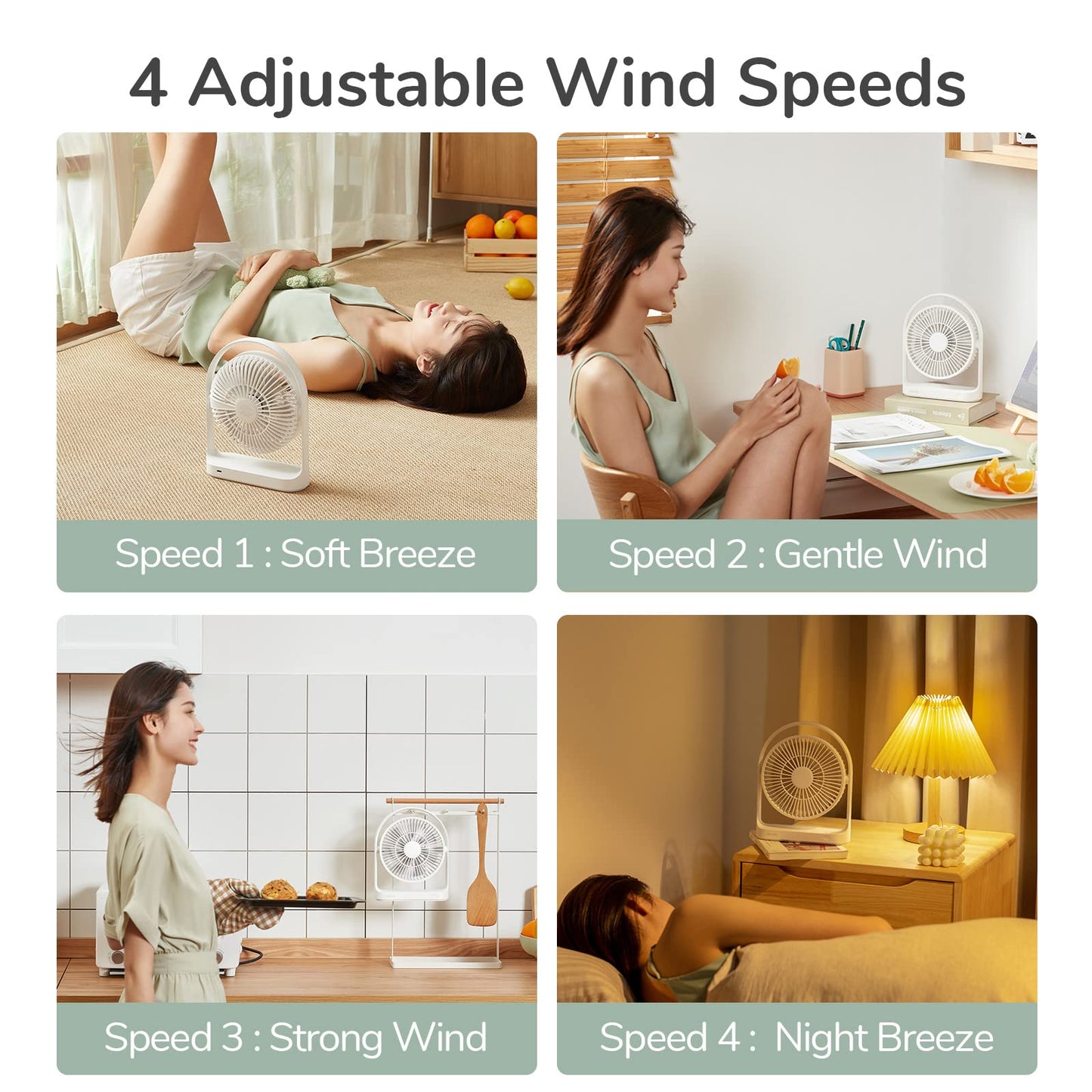 JISULIFE Table Fan, USB Fan 4000mAh with 4 speeds, Small Quiet Table Fan, Max 15 hours, Rechargeable Battery Table Fans for Home/Office/Outdoor-White