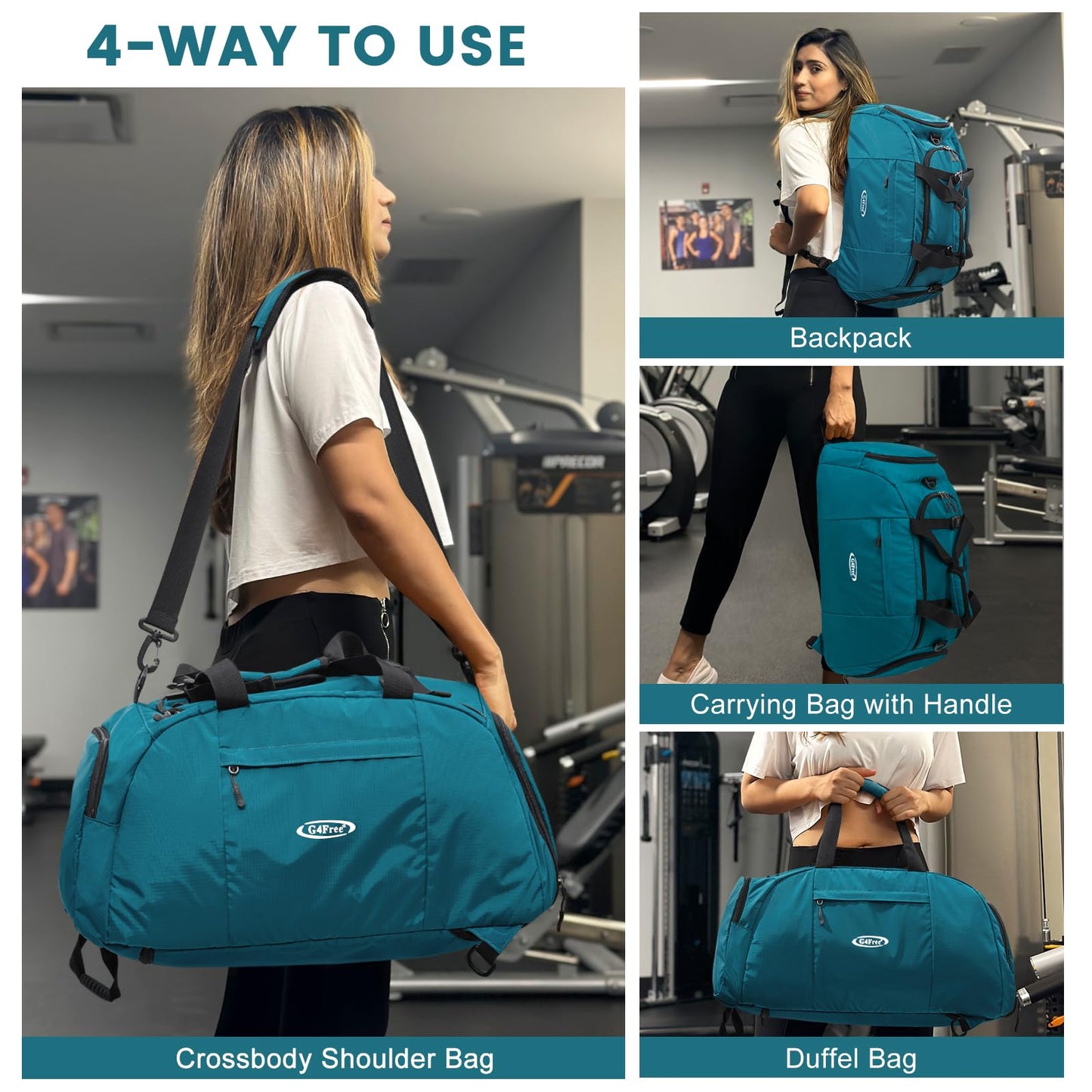 G4Free 40L foldable 3-way travel duffle sports bag with shoe compartment for men and women. Perfect for sports, fitness, gym, and vacation.