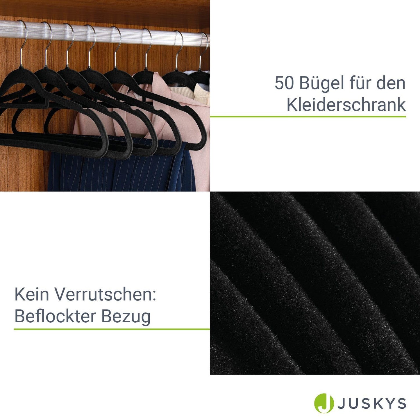Juskys Velvet Hangers 50-piece Set - nonslip, slim, space-saving - flocked velvet hangers - swivel hooks - 50 Black Hangers