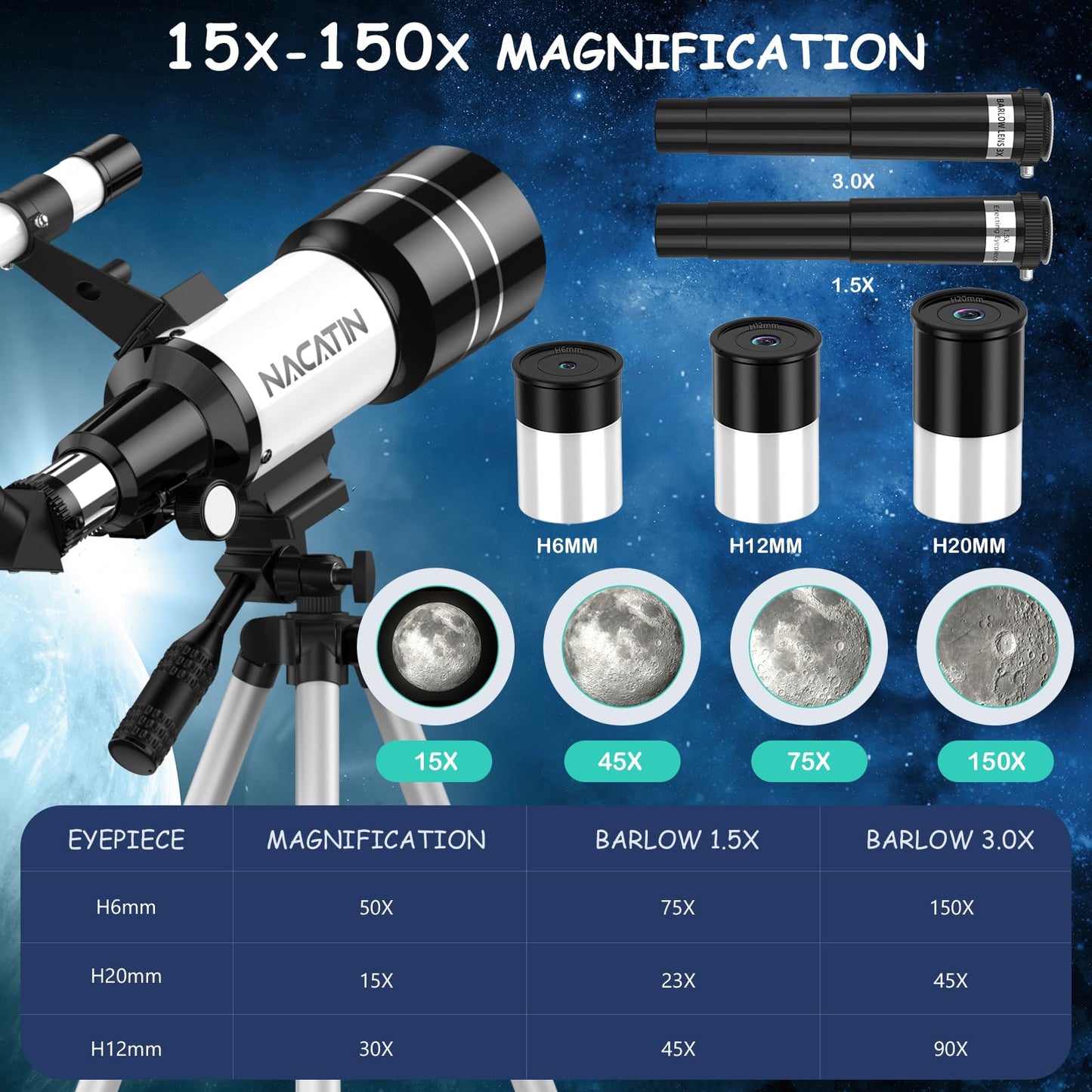 Telescope for kids, NACATIN 70mm aperture refractor telescope for kids, adults & beginners, adjustable tripod, with smartphone adapter and wireless remote control.