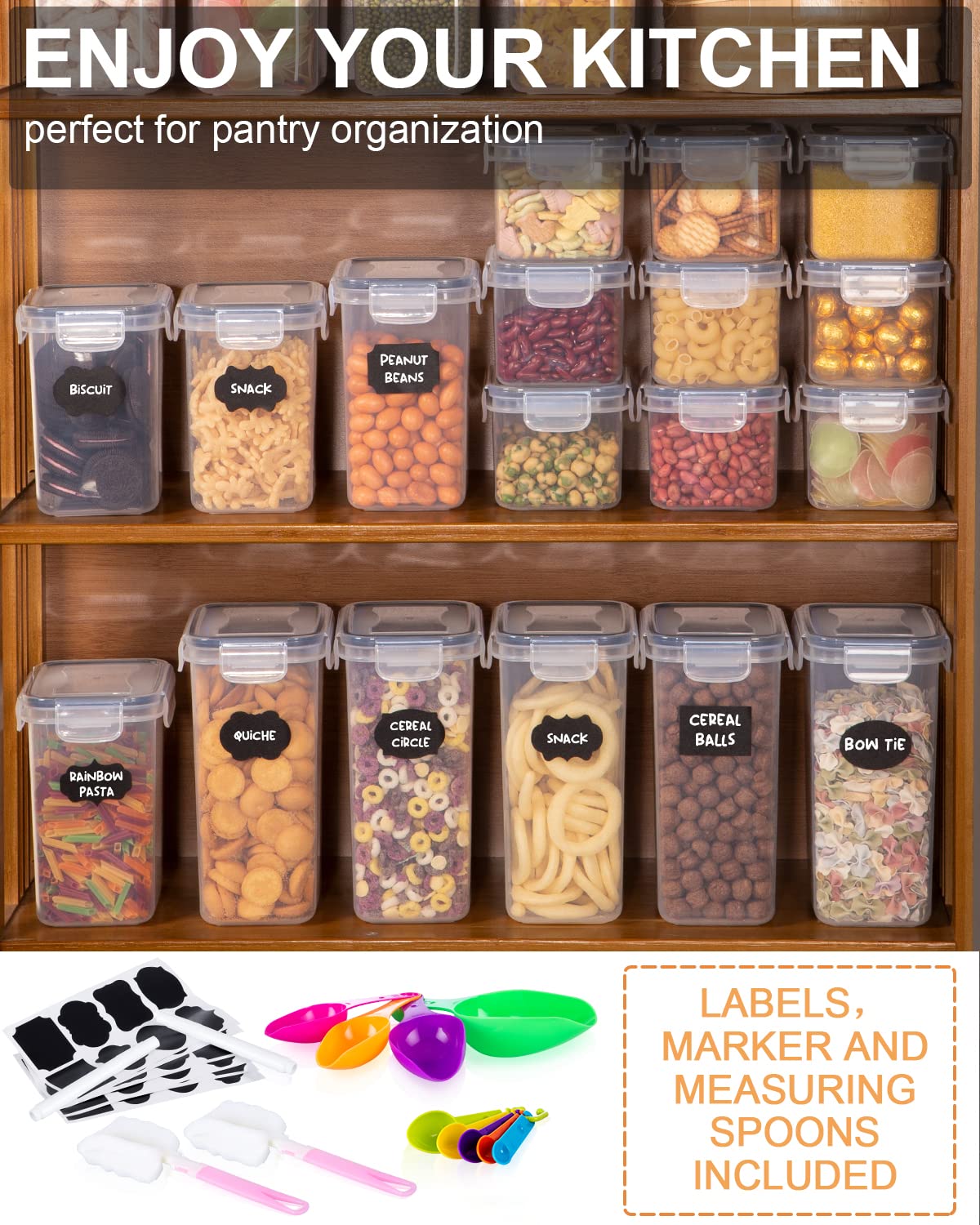 25-piece storage container set (9x0.8L + 6x1.4L + 5x2L + 5x2.8L) airtight containers with lids. Perfect for storing spaghetti, flour, cereal, and cornflakes in the kitchen. Great plastic organizers for keeping food fresh.