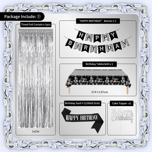 Black Silver Birthday Decorations, Silver Black White Party Decor Set with Happy Birthday Banner, Confetti Balloons, Sash, Tablecloth, Curtain, Pom Poms for Men Women Boys Girls Birthday Party Decor.