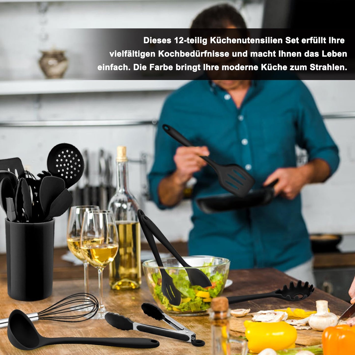Homikit Silicone Kitchen Utensil Set, 12 Pieces Black Cooking Utensils Cookware, Heat-Resistant Cooking Utensil Set with Utensil Holder, Healthy & Non-stick, Dishwasher Safe
