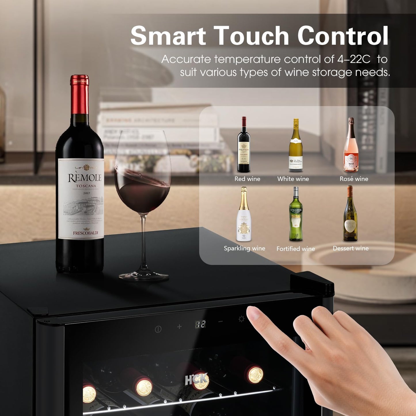 HCK 70L Wine Cooler for 24 bottles, 4-22°C Wine Fridges Bottle Cooler, Beverage Cooler with Glass Door, Quiet Wine Cabinet, Frost-Free Glass Door, Full Glass Touch Panel, Black