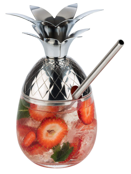 Buddy's Bar - 2 Pineapple Cocktail Mugs, 350 ml, Pineapple Mug, high-quality stainless steel with glass element, food-safe, cocktail mugs with gift box, 2 pieces, stainless steel/glass.