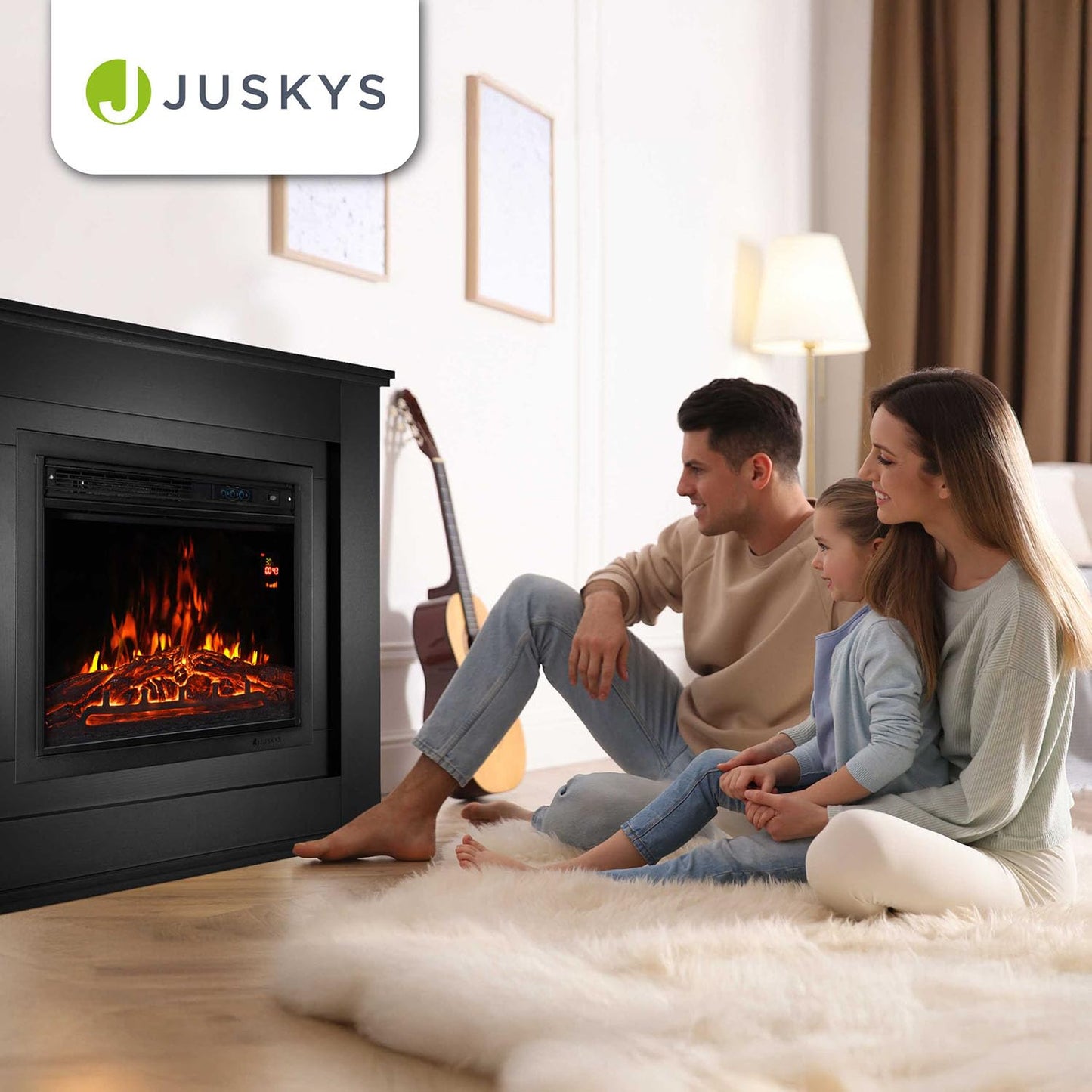 Juskys Electric Fireplace 1000/2000 W with heating, fireplace, flame effect, remote control, LED lighting & timer - Electric Fireplace Stand Fireplace black