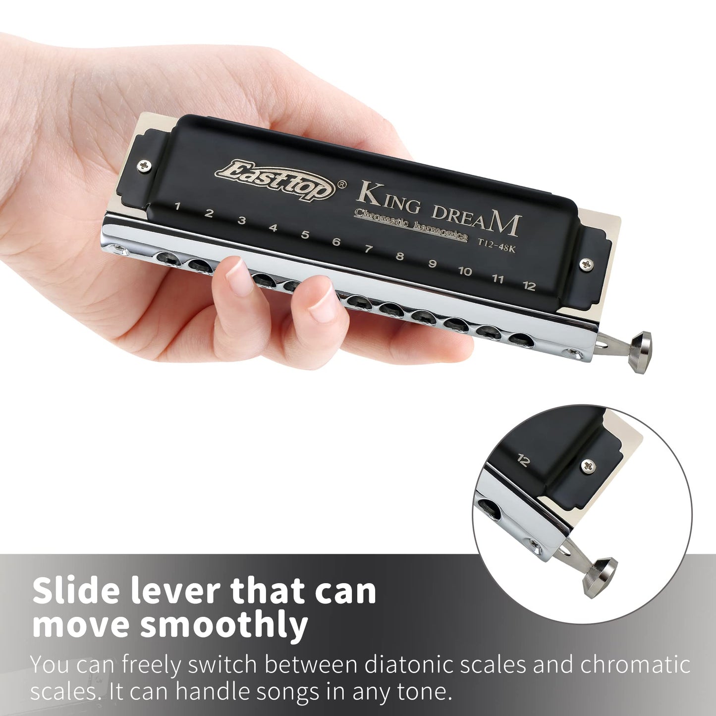 East Top 12-hole Chromatic Harmonica in C, with 48 notes. Ideal for professional players, beginners, students, and adults. Makes the perfect gift.