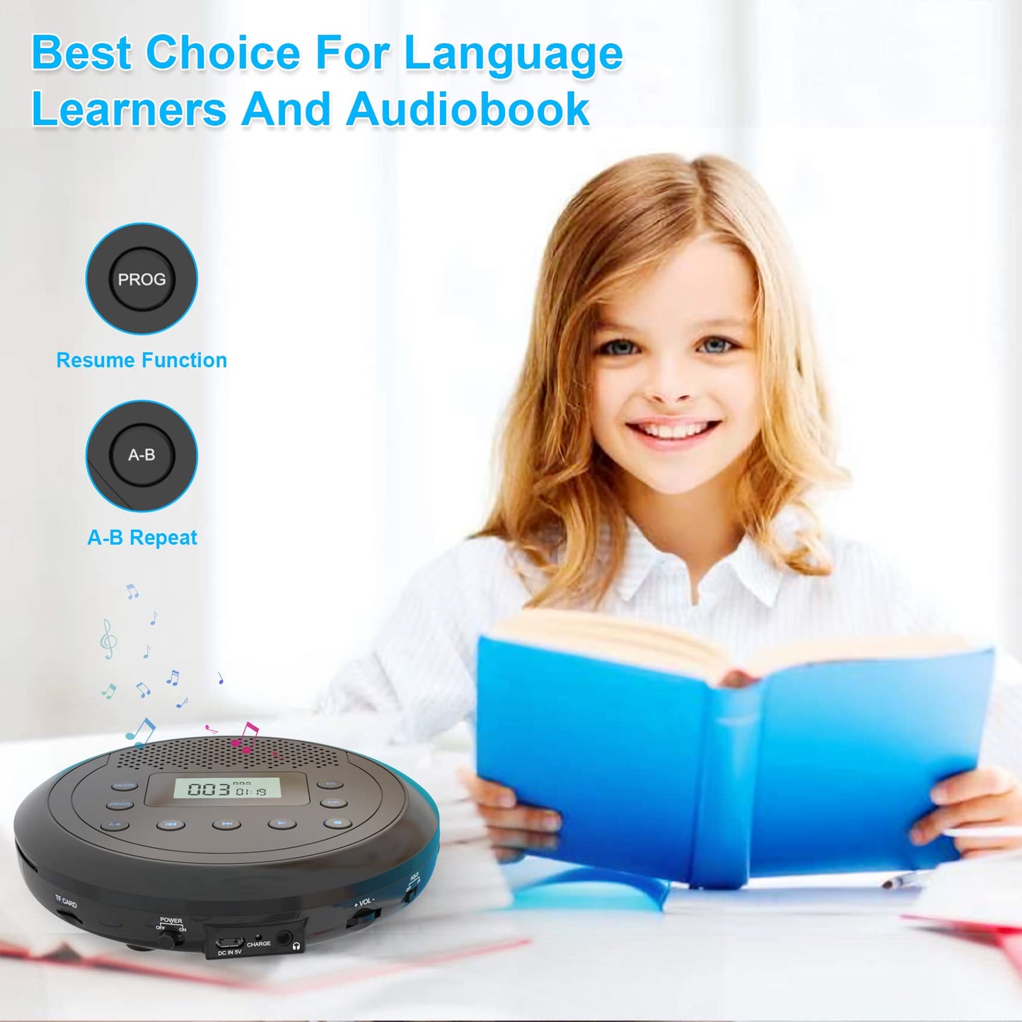 Portable CD Player, MONODEAL Rechargeable CD Player with Built-in Speakers, Discman CD Player for Kids/Car/Students/Adults, Anti-Skip CD Player with Headphones