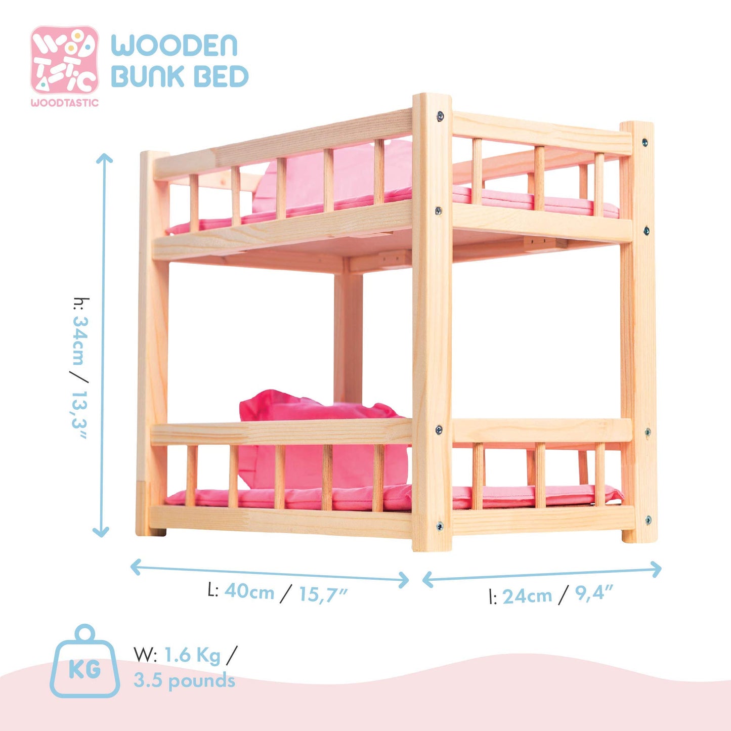 Wooden doll bunk bed - doll bed for dolls up to 36 cm - Creative play with doll furniture in pink.