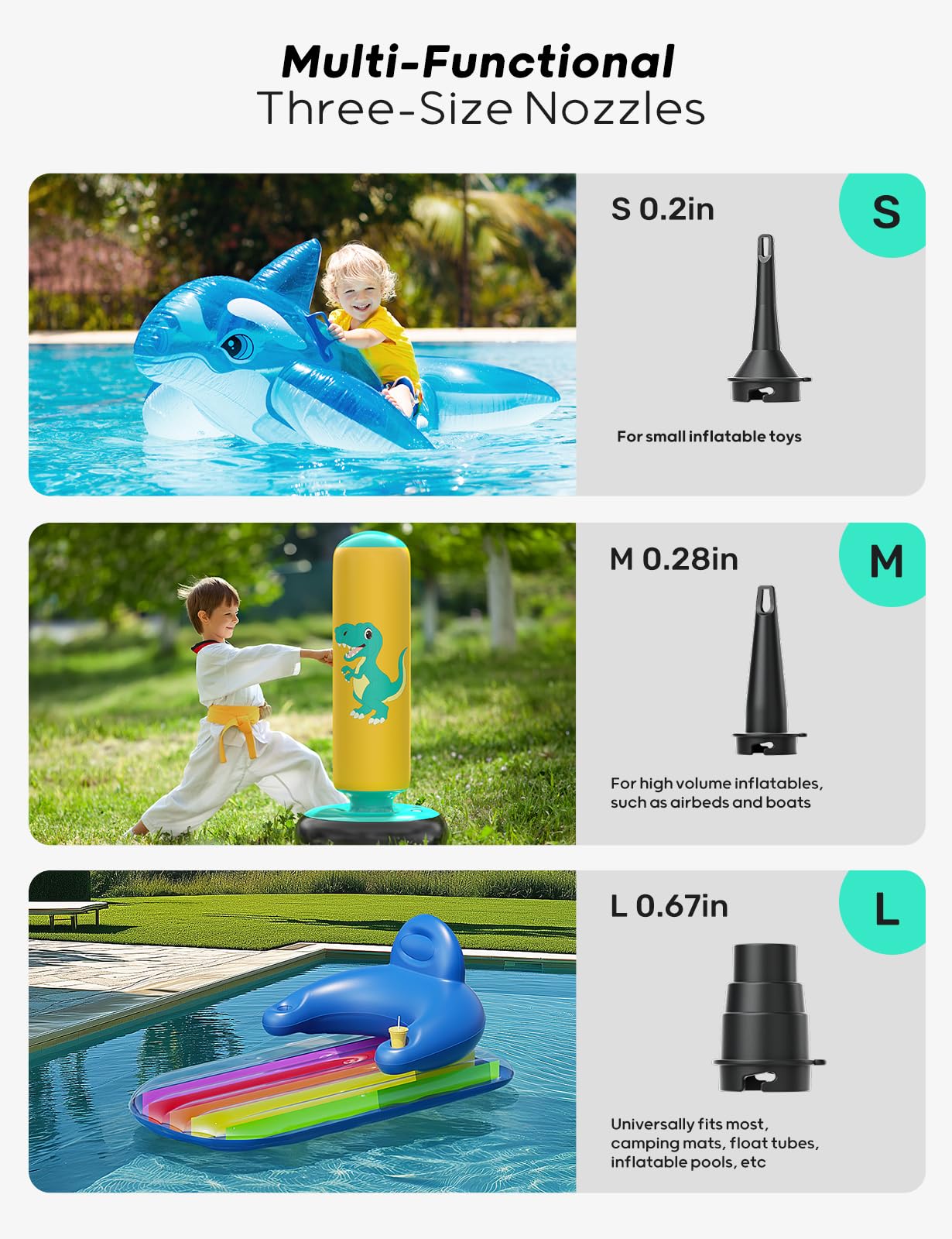 QPAU Electric Air Pump, 5000mAh Rechargeable Battery Air Pump, Quick-Fill Inflator Deflator Electric Air Pump with 3 Nozzles for camping sleeping pad, air mattress, inflatable boat.