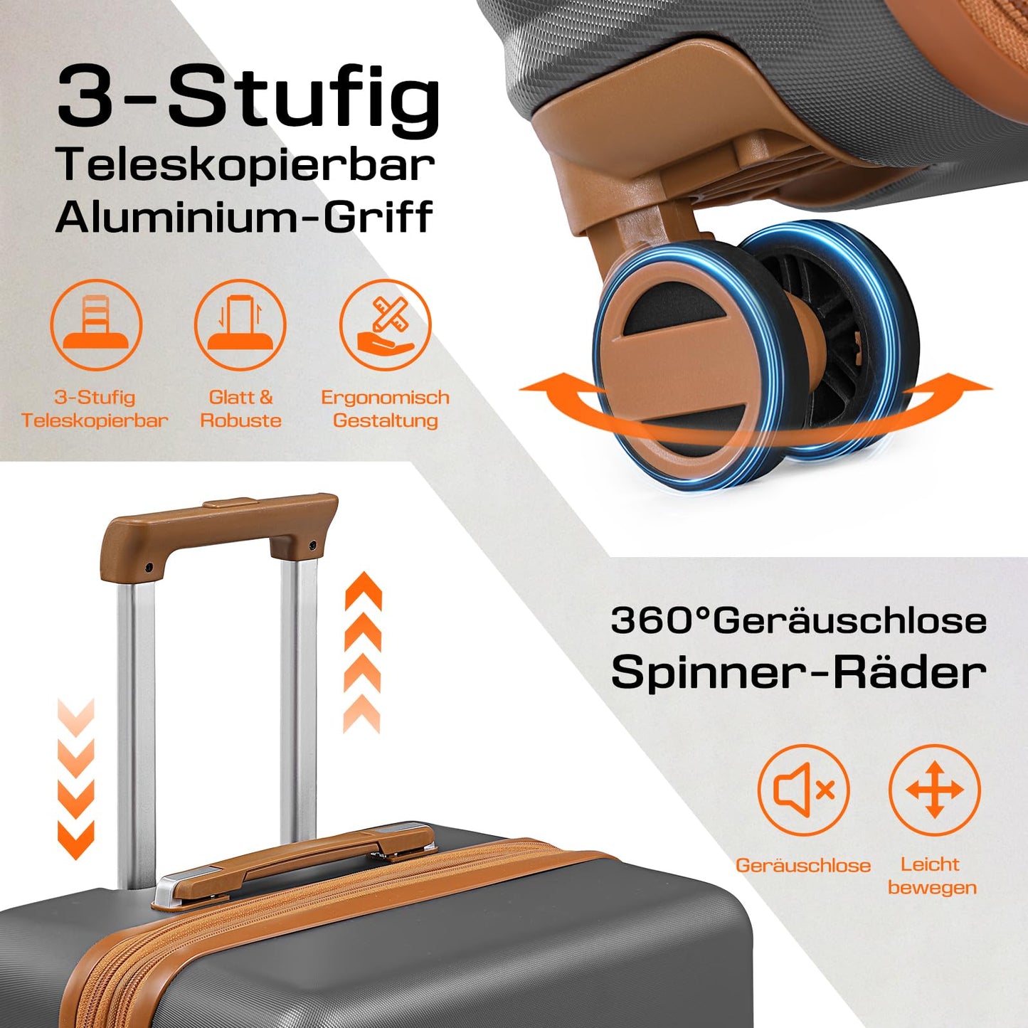 Joyway 5-piece luggage set made of ABS hard shell material. Expandable trolley set with 4 wheels and TSA lock. The luggage set includes 1 travel bag and 1 toiletry bag in grey.