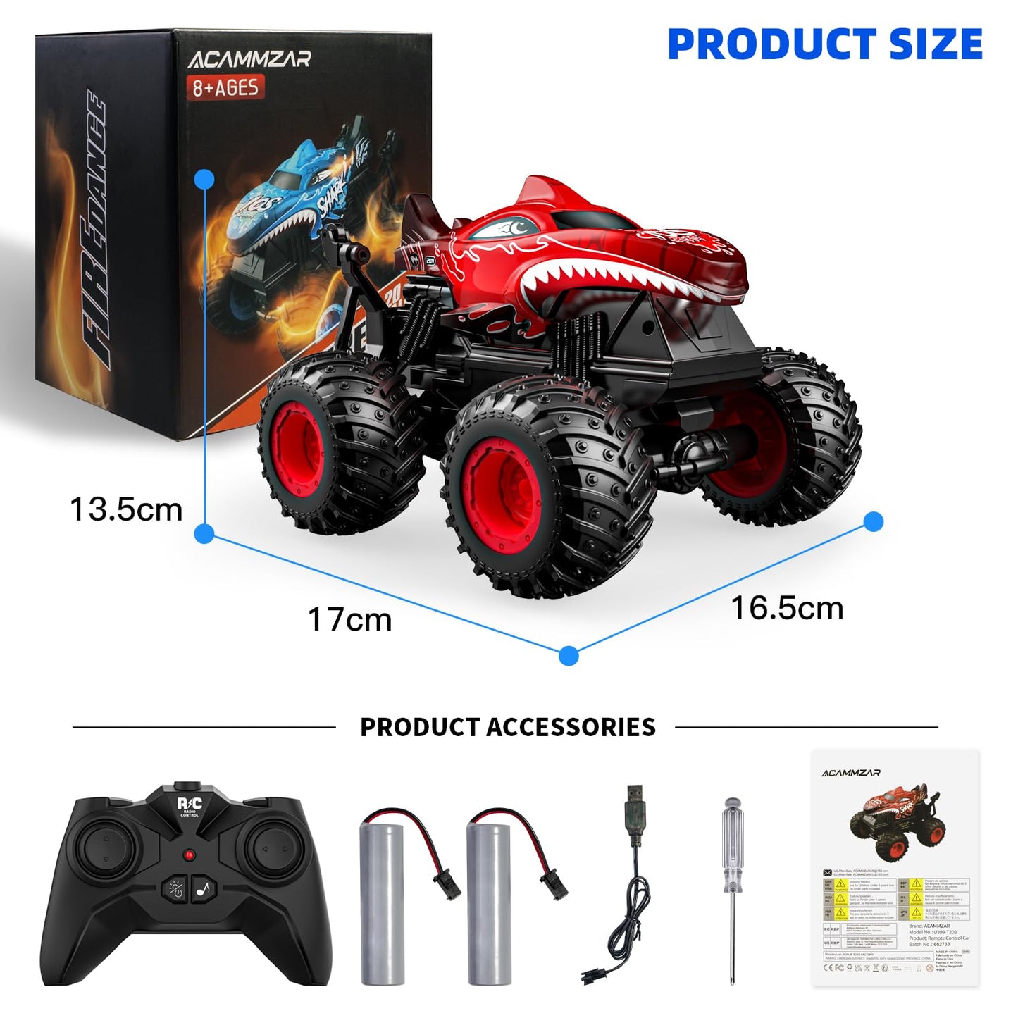 ACAMMZAR Remote Control Car, 2.4GHz 20+ km/h RC Monster Truck with 2 Batteries 60 Mins+, RC Stunt Toy Car Spray Mist Music, for 6 7 8 9 10 Year Old Kids Adults, Blue