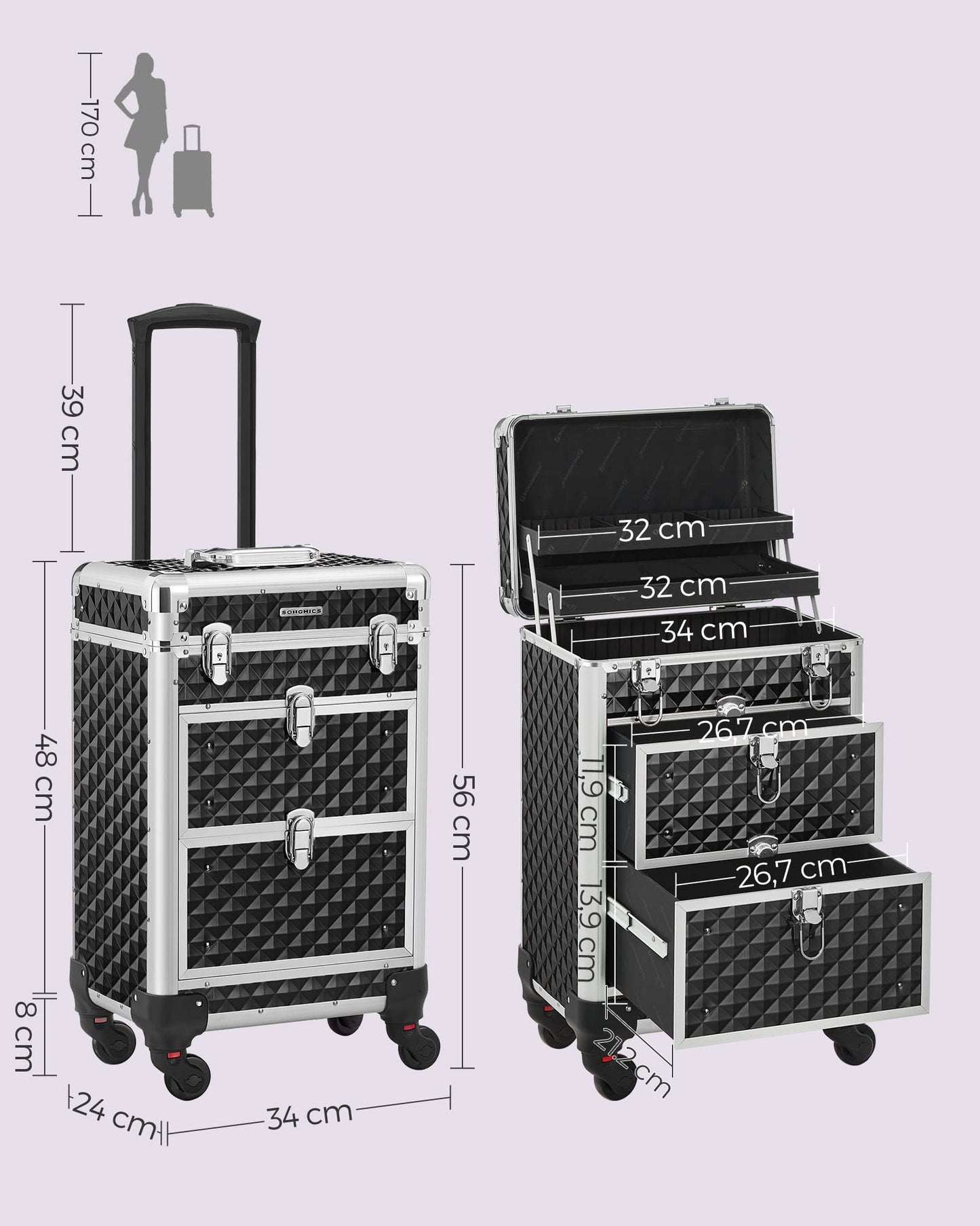 SONGMICS Cosmetic Case Trolley, Makeup Case with 2 Drawers, Large Hairstylist Case, Makeup Case, 34 x 24 x 56 cm, 360° Rotating Wheels, Travel, Hairstylists, Gift Idea, Black JHZ08BK.